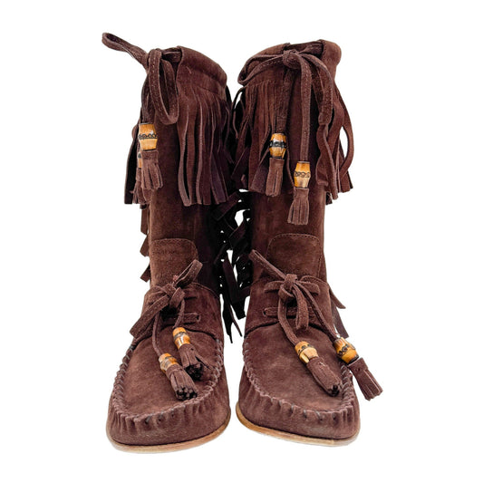 Size 36 1/2 EU Fringe Brown Suede Calf Length Boots