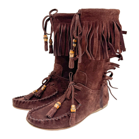 Size 36 1/2 EU Fringe Brown Suede Calf Length Boots