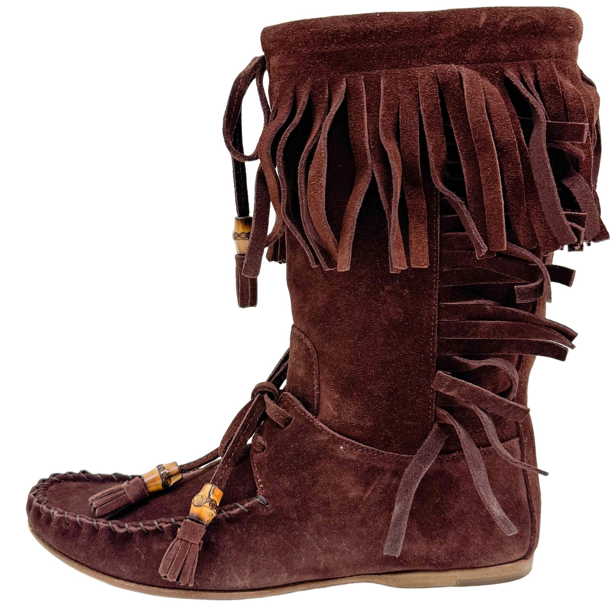 Size 36 1/2 EU Fringe Brown Suede Calf Length Boots