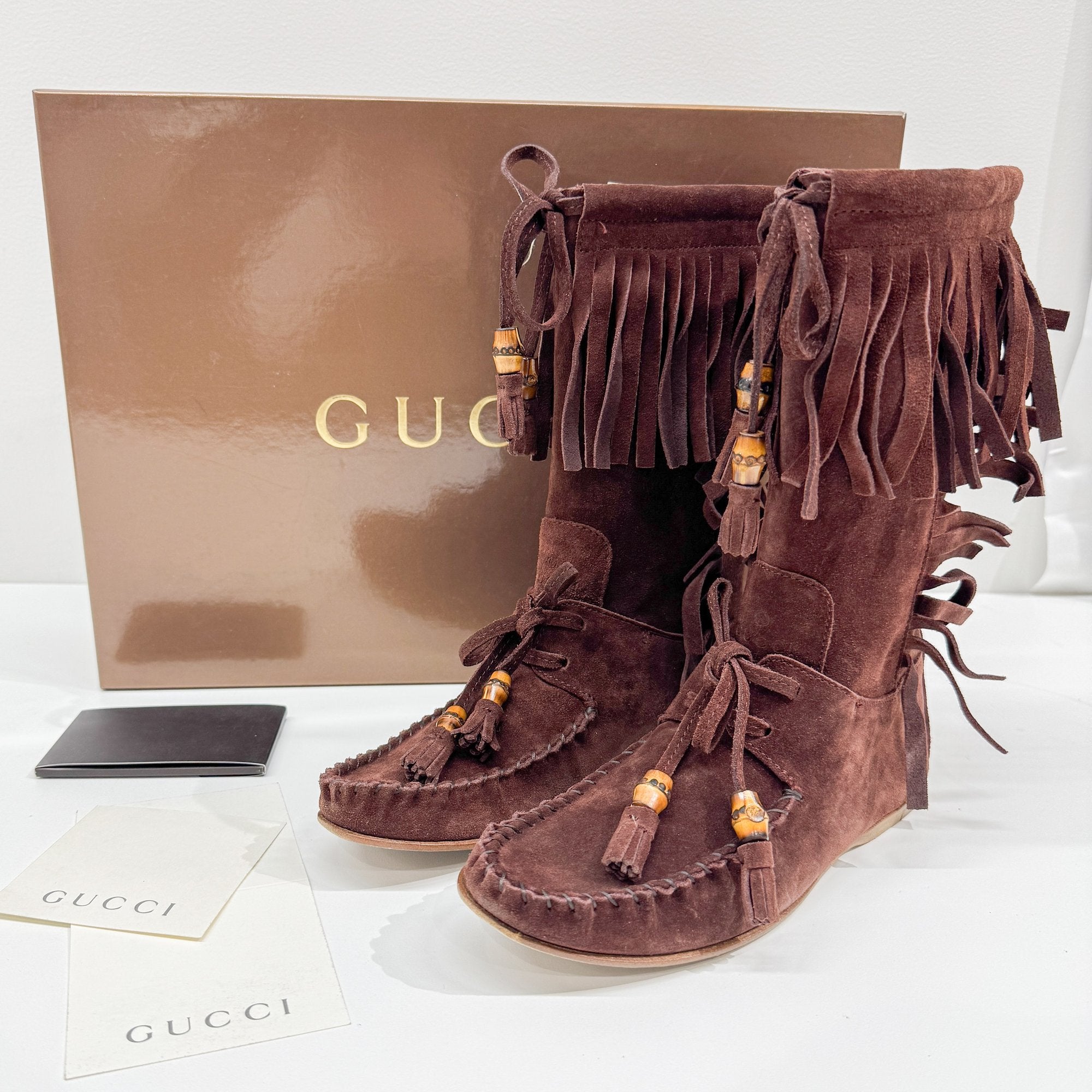 Size 36 1/2 EU Fringe Brown Suede Calf Length Boots