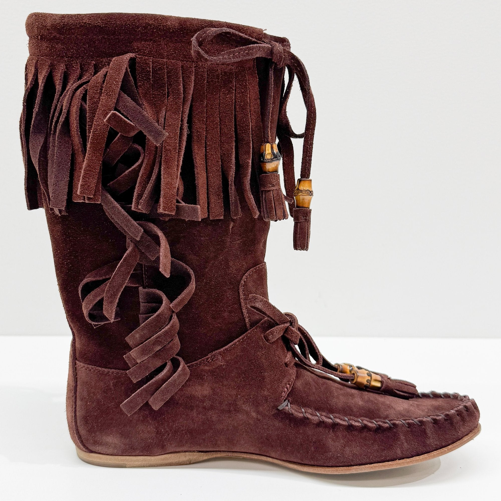 Size 36 1/2 EU Fringe Brown Suede Calf Length Boots