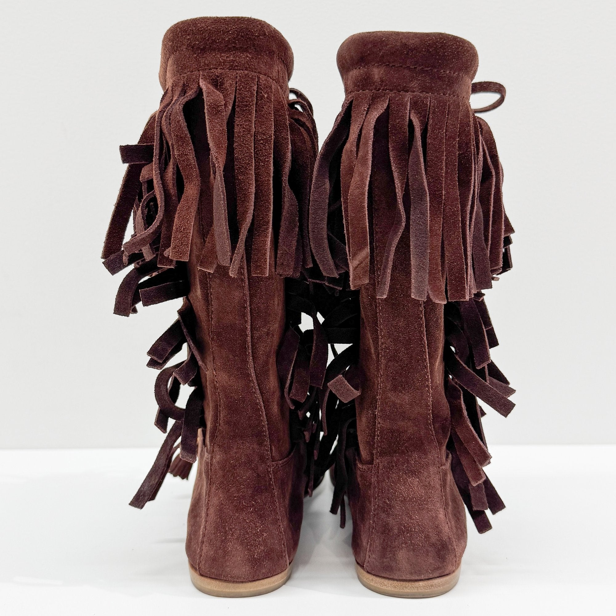 Size 36 1/2 EU Fringe Brown Suede Calf Length Boots