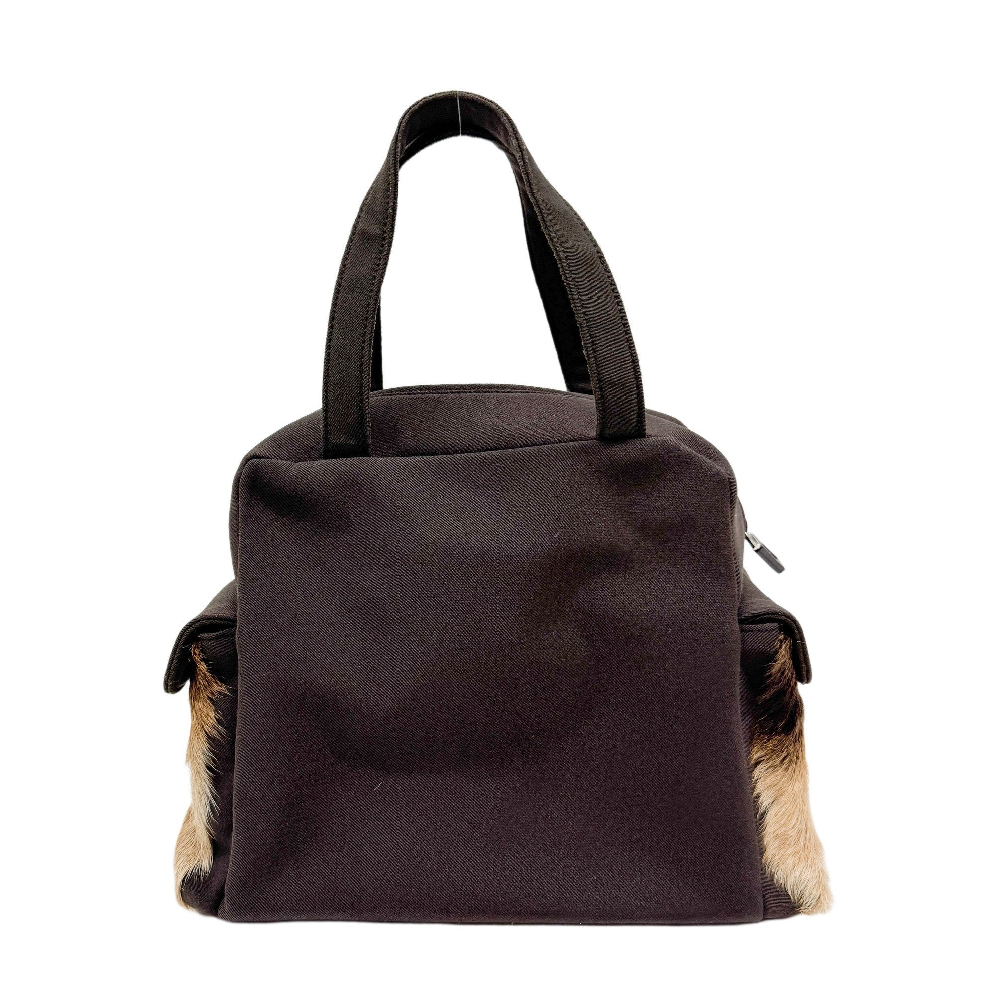 Pony Hair Side Pockets Black Neoprene Hand Bag
