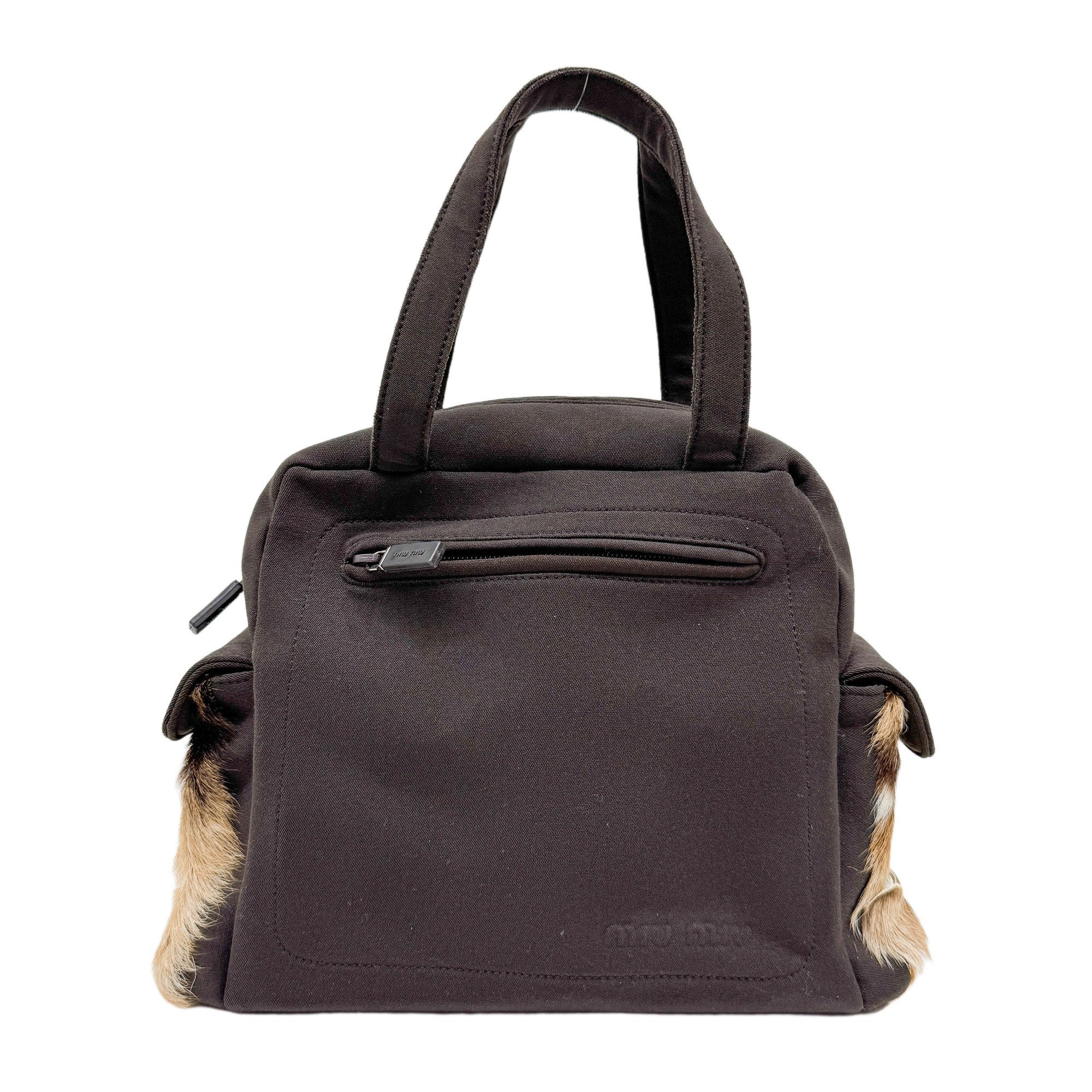 Pony Hair Side Pockets Black Neoprene Hand Bag