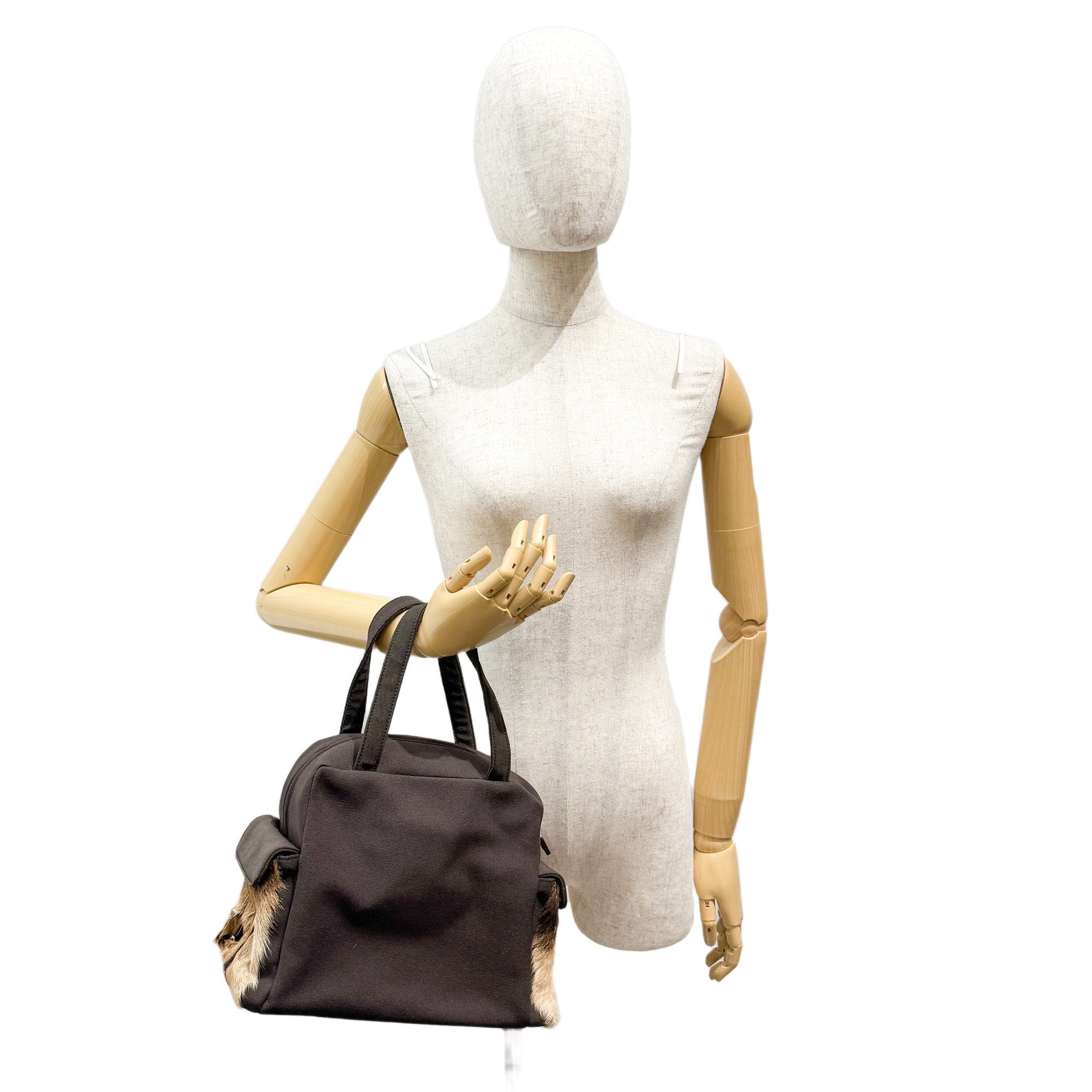 Pony Hair Side Pockets Black Neoprene Hand Bag