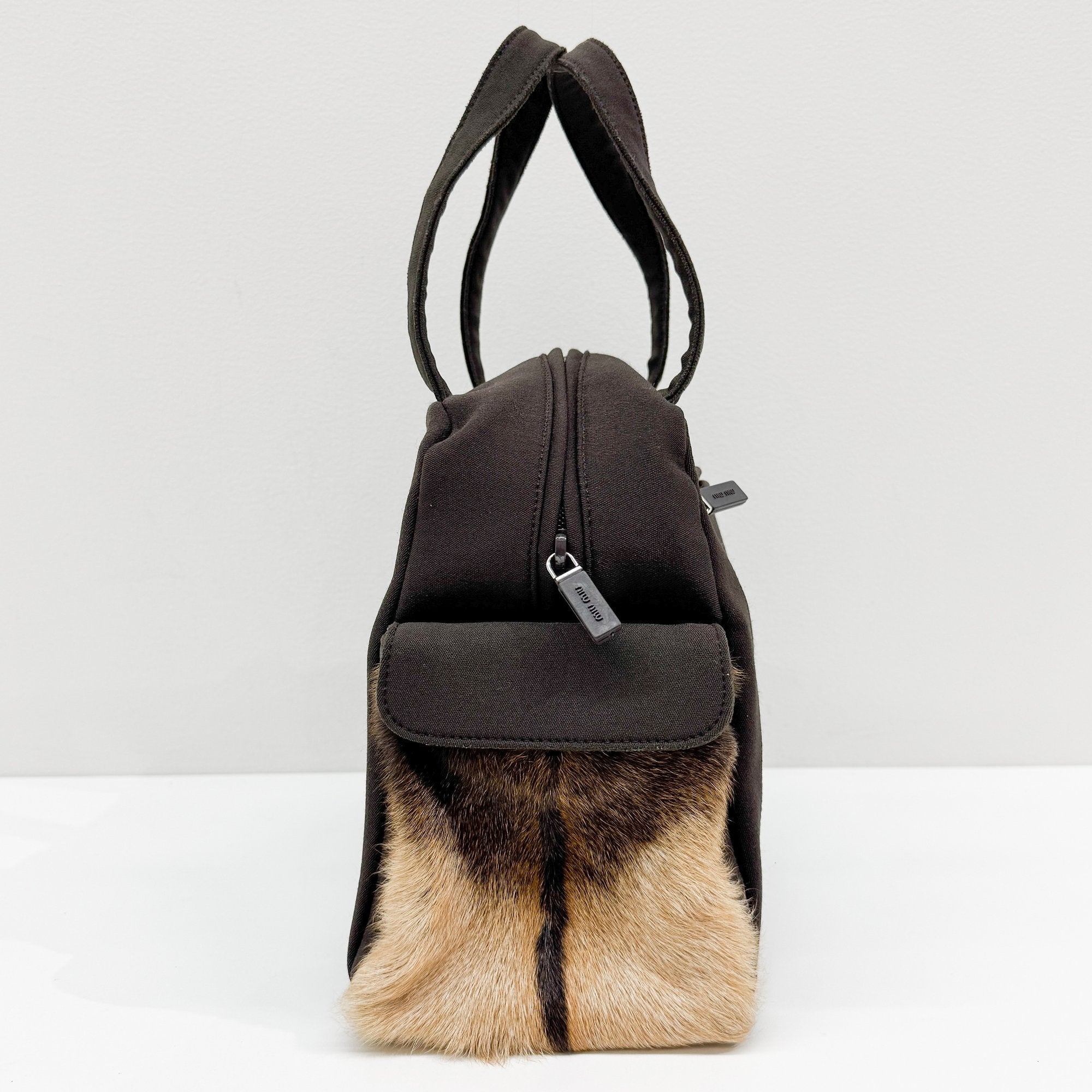 Pony Hair Side Pockets Black Neoprene Hand Bag