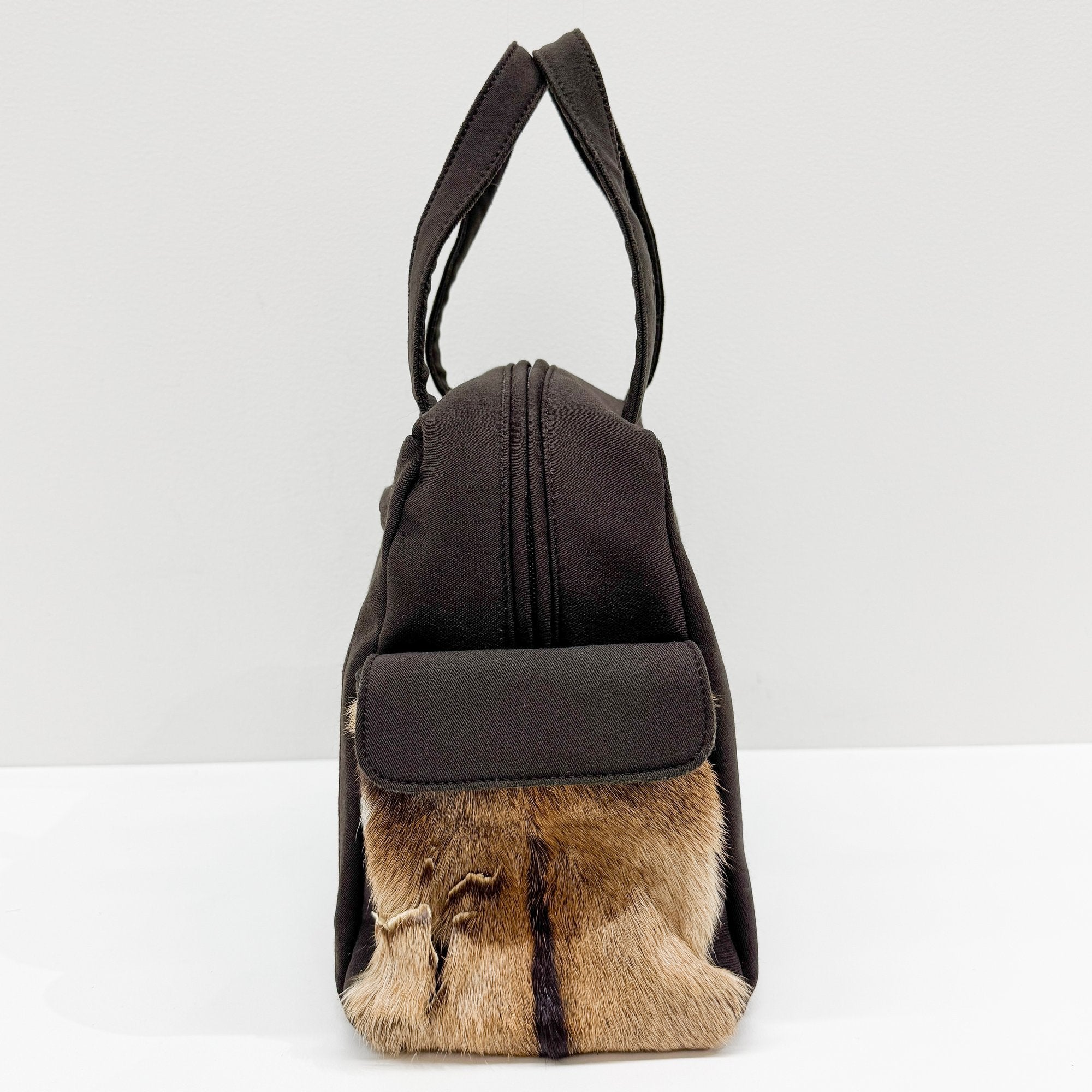 Pony Hair Side Pockets Black Neoprene Hand Bag