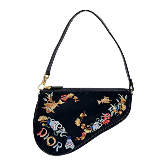 Mini Saddle Embroidery Black Satin Shoulder Bag