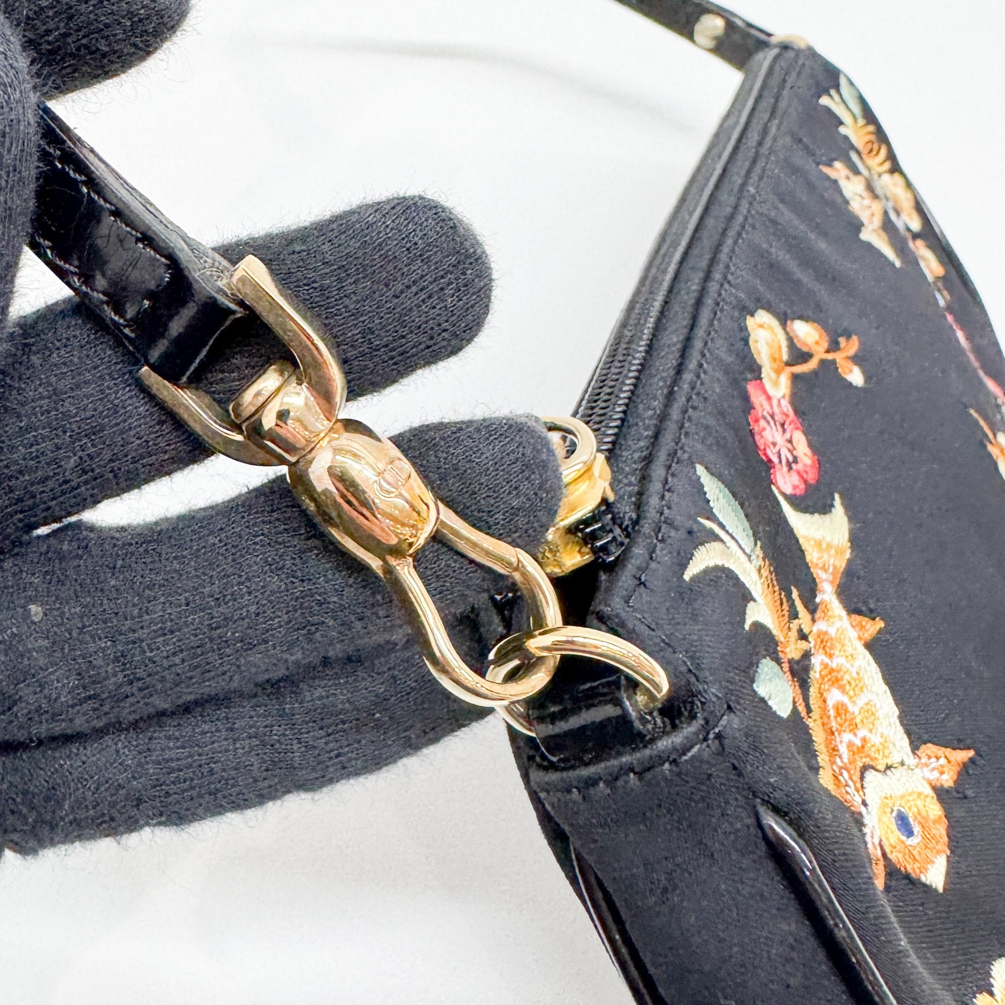 Mini Saddle Embroidery Black Satin Shoulder Bag