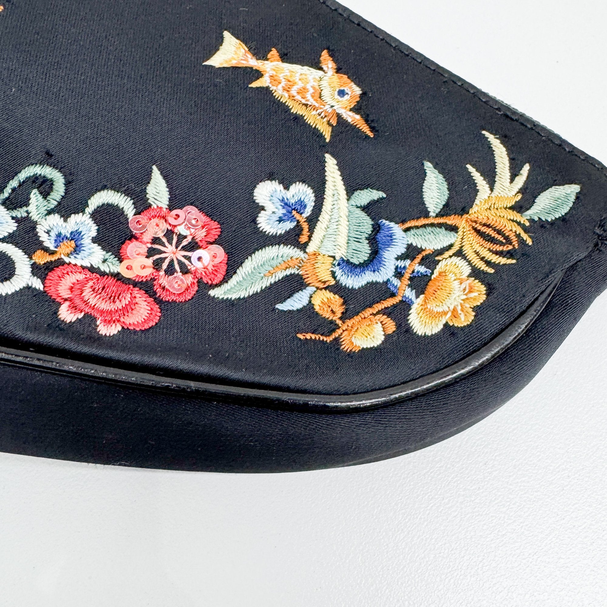 Mini Saddle Embroidery Black Satin Shoulder Bag