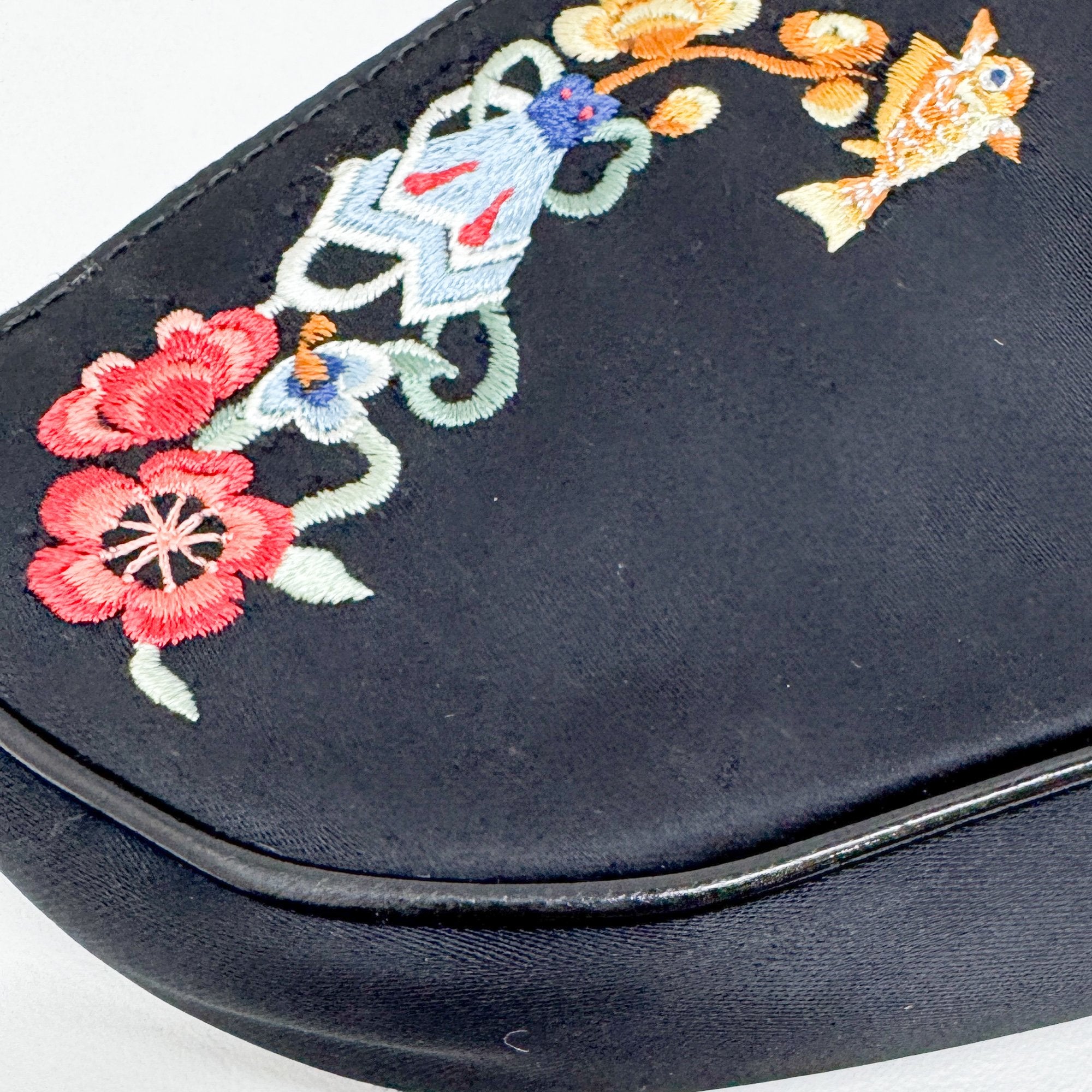 Mini Saddle Embroidery Black Satin Shoulder Bag