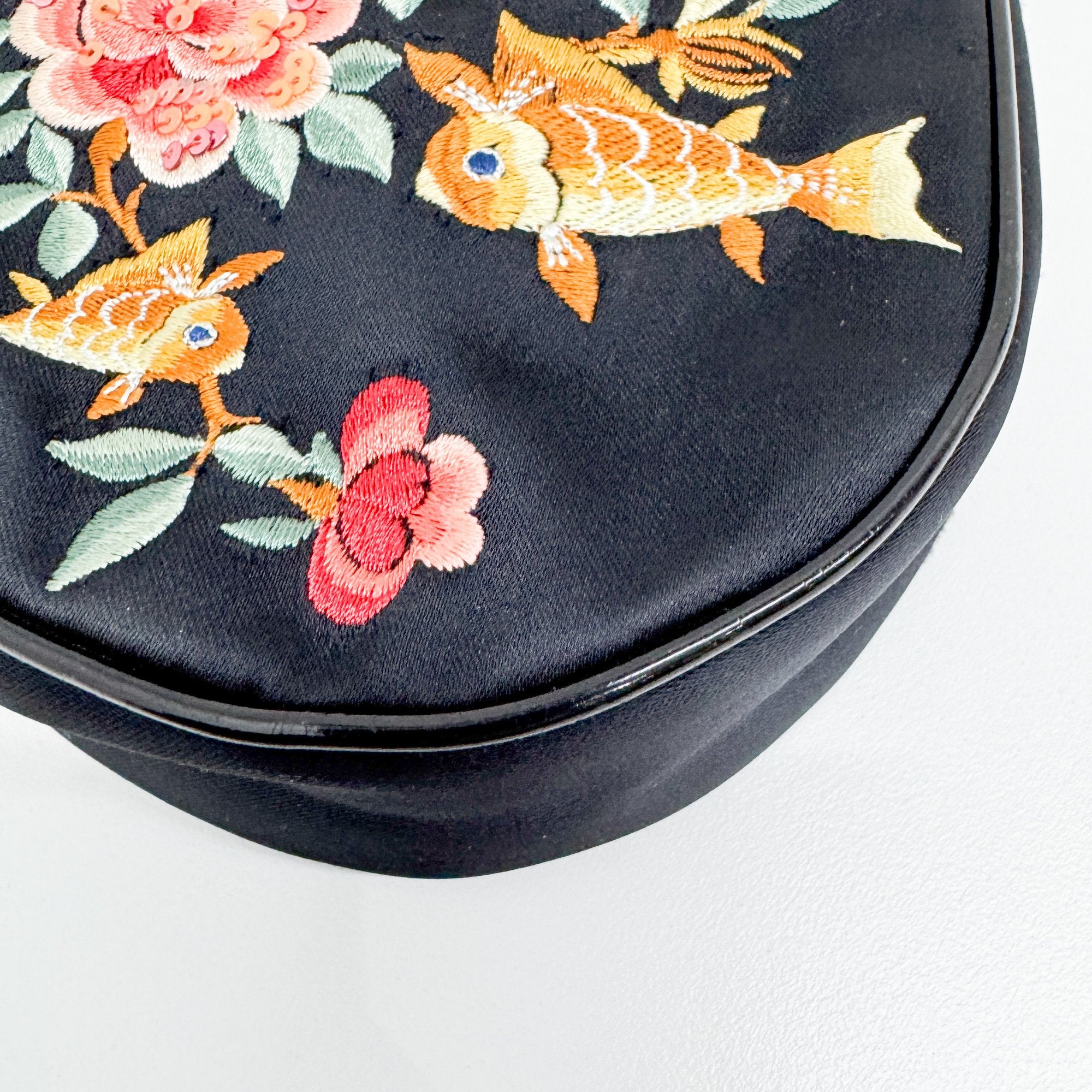 Mini Saddle Embroidery Black Satin Shoulder Bag