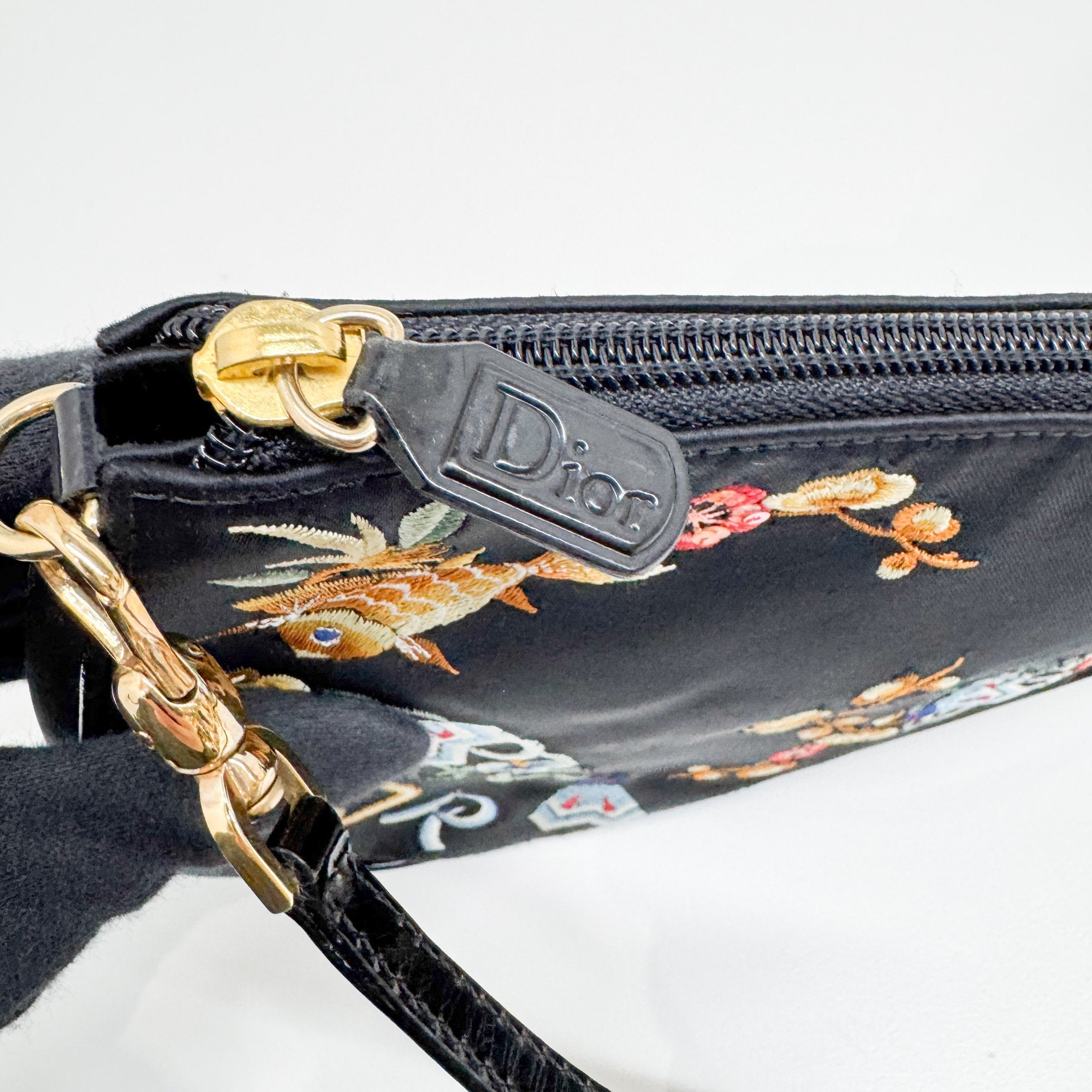 Mini Saddle Embroidery Black Satin Shoulder Bag