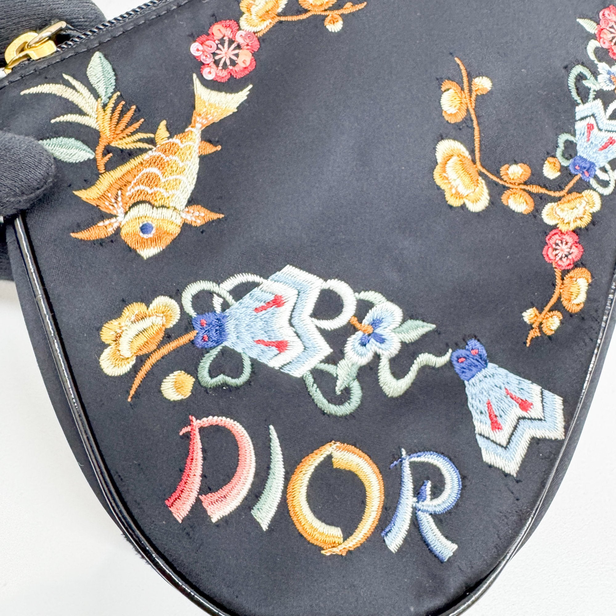 Mini Saddle Embroidery Black Satin Shoulder Bag