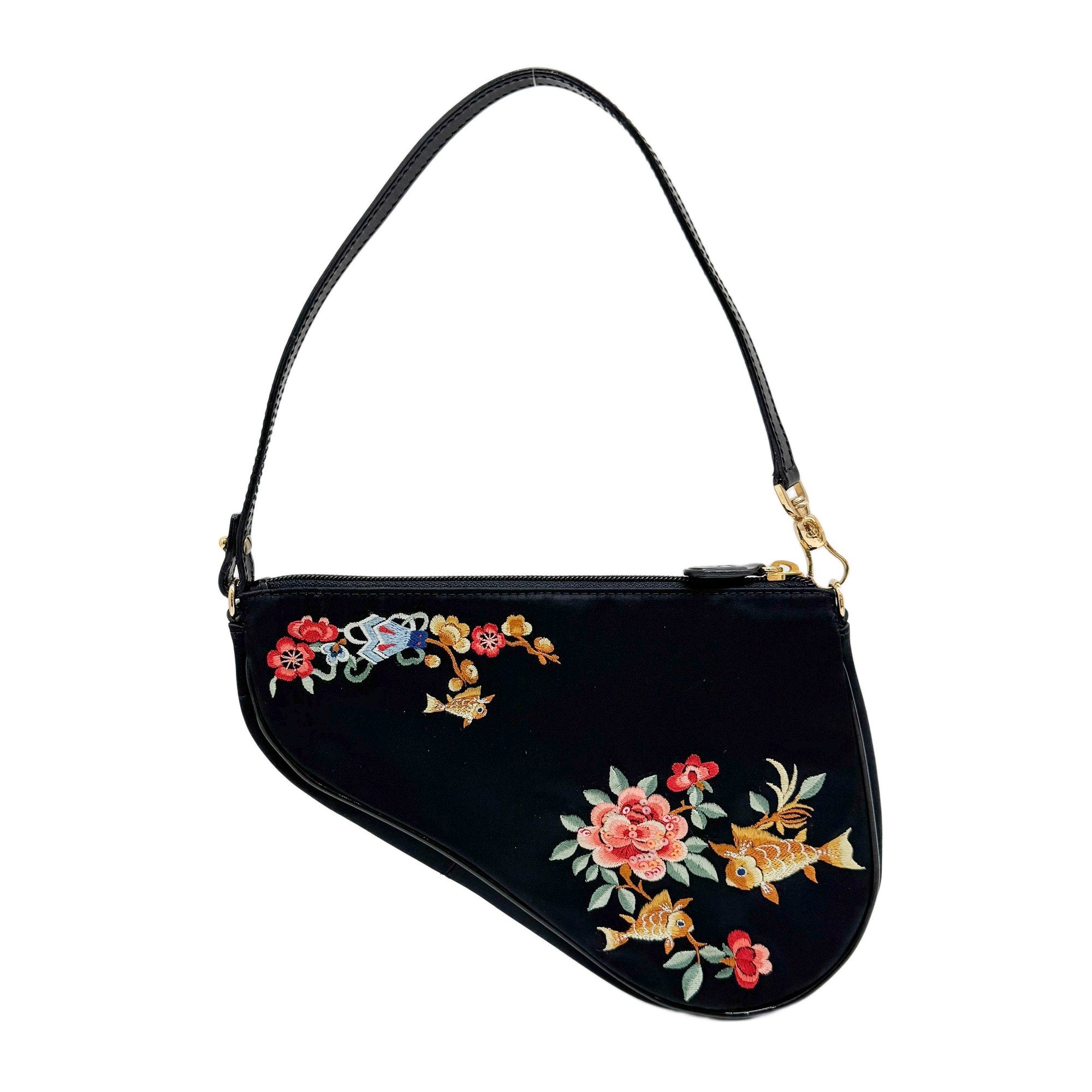 Mini Saddle Embroidery Black Satin Shoulder Bag
