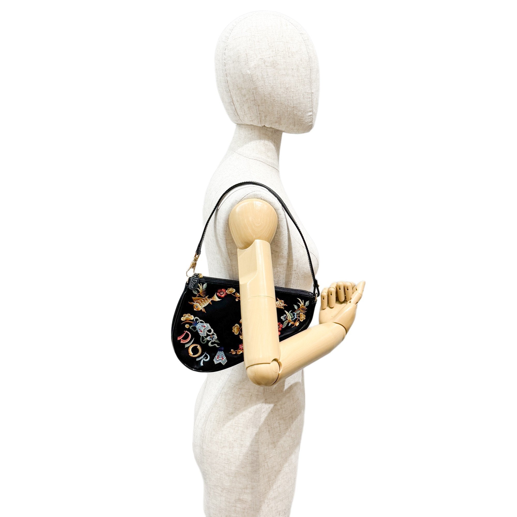 Mini Saddle Embroidery Black Satin Shoulder Bag