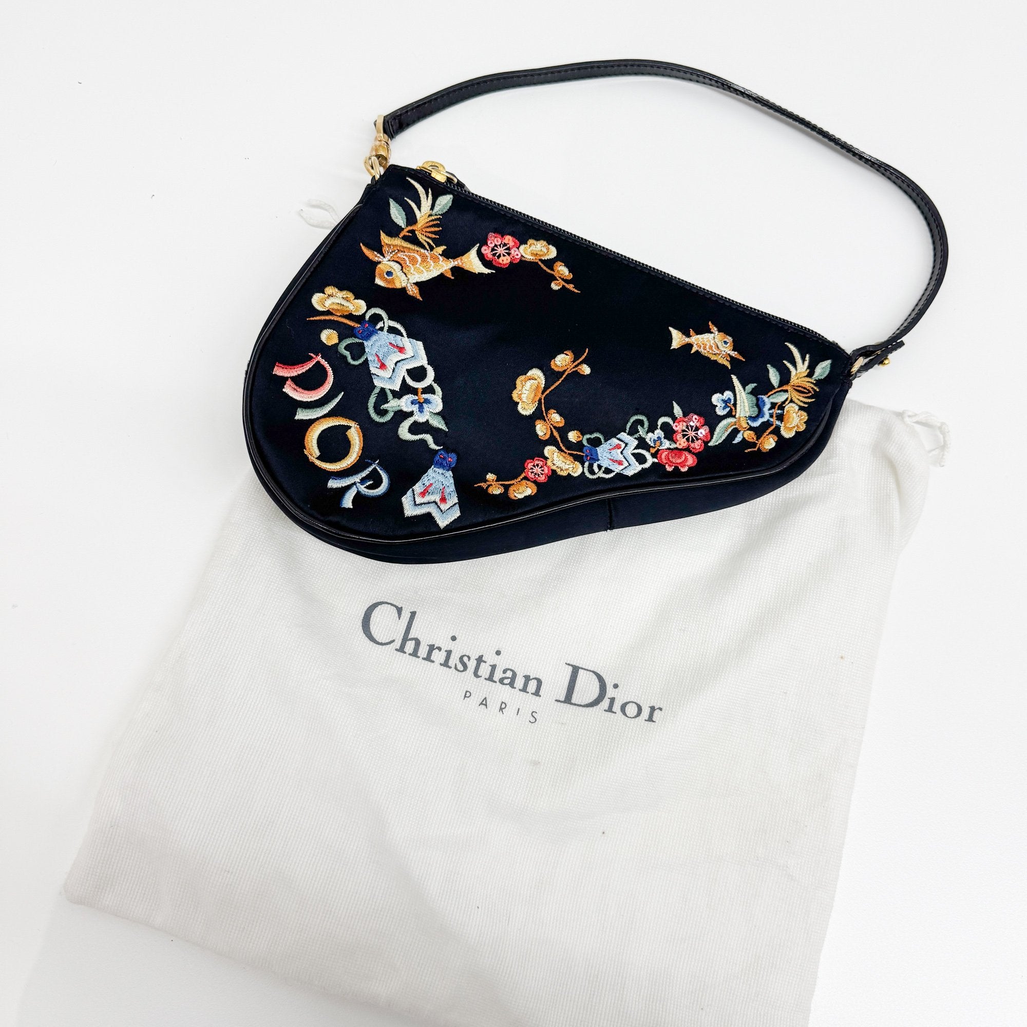 Mini Saddle Embroidery Black Satin Shoulder Bag