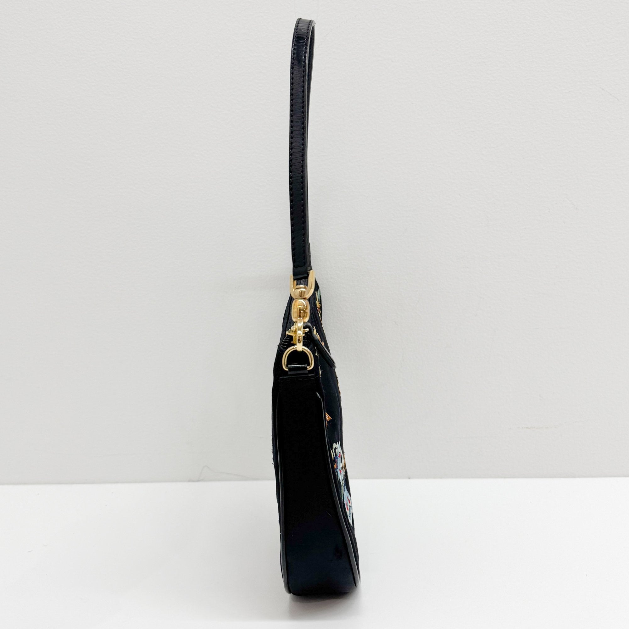 Mini Saddle Embroidery Black Satin Shoulder Bag
