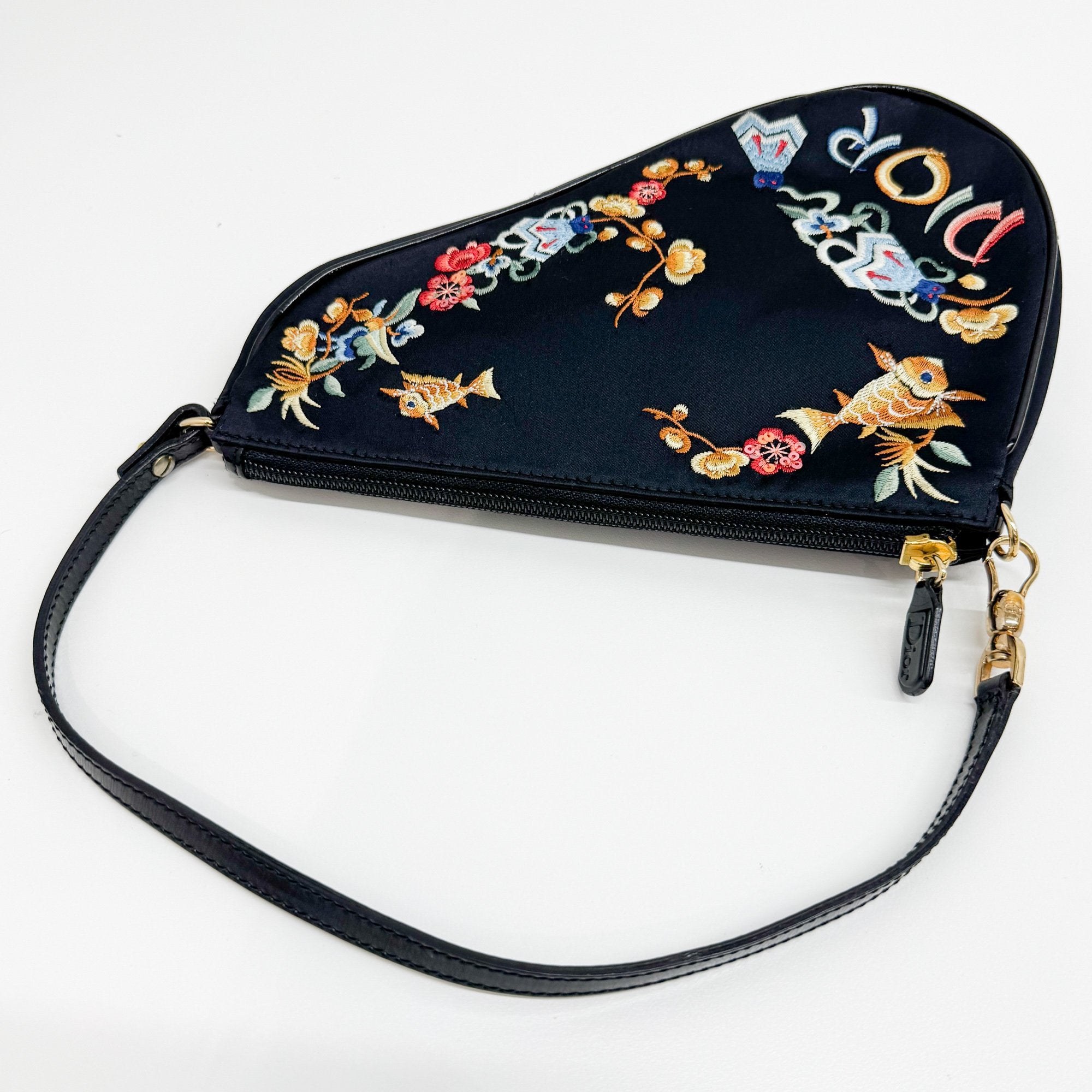 Mini Saddle Embroidery Black Satin Shoulder Bag