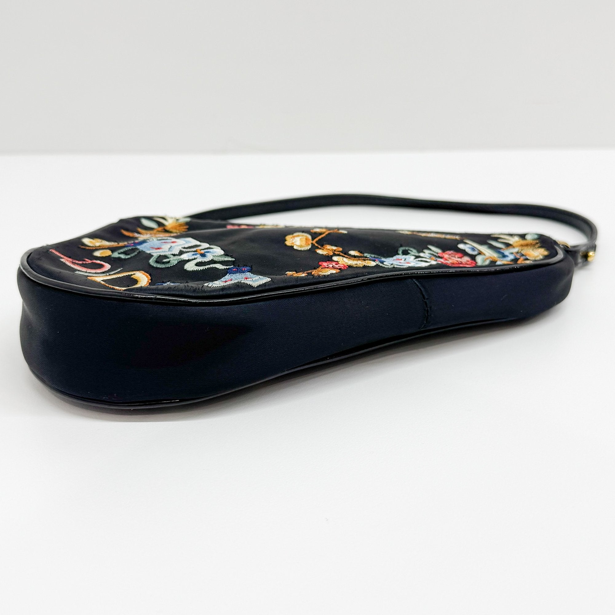 Mini Saddle Embroidery Black Satin Shoulder Bag