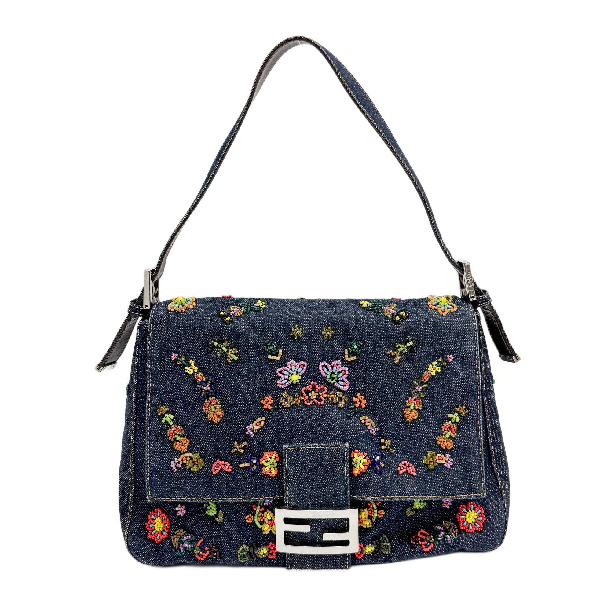 Mamma Baguette Embroidery Blue Denim Shoulder Bag