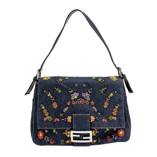 Mamma Baguette Embroidery Blue Denim Shoulder Bag