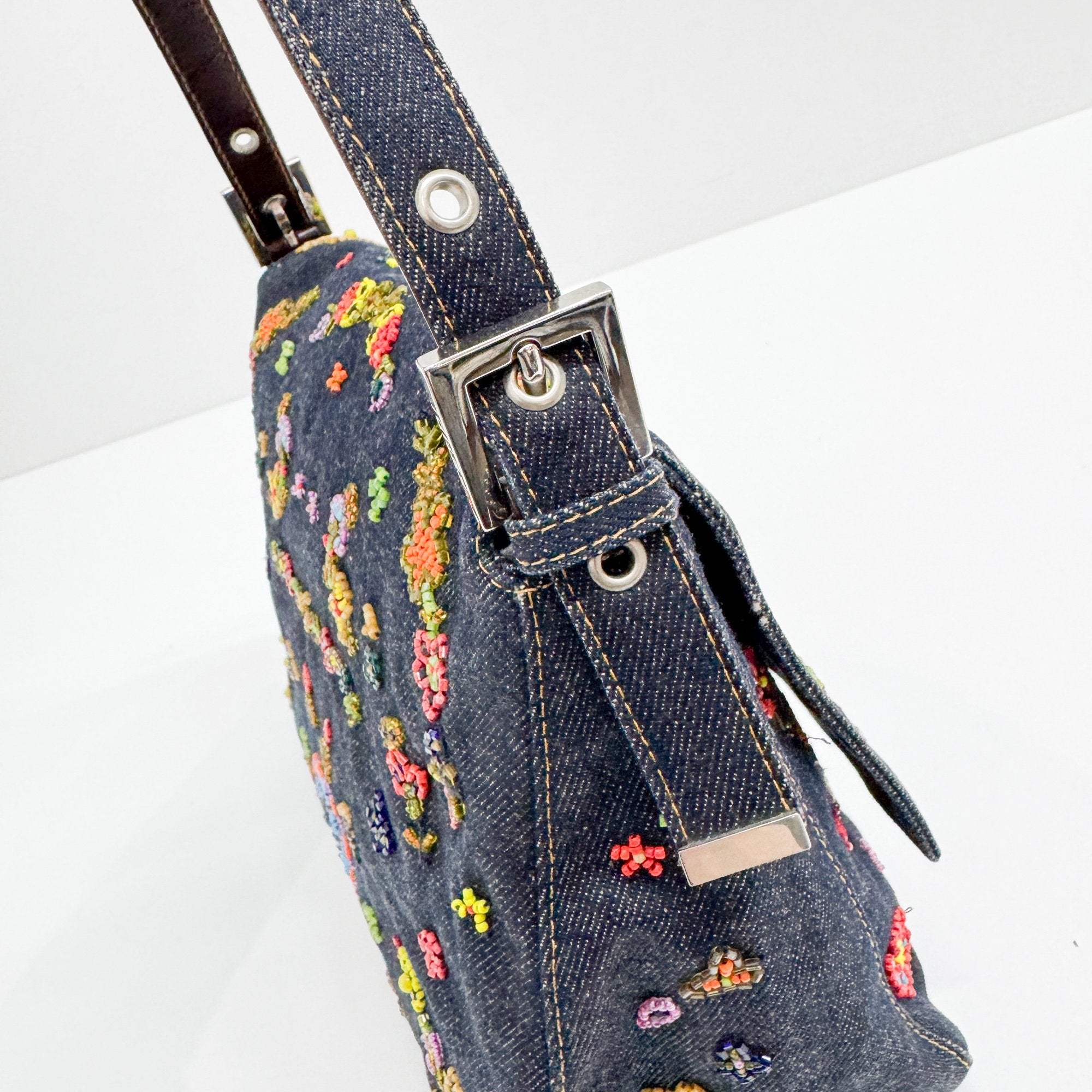 Mamma Baguette Embroidery Blue Denim Shoulder Bag