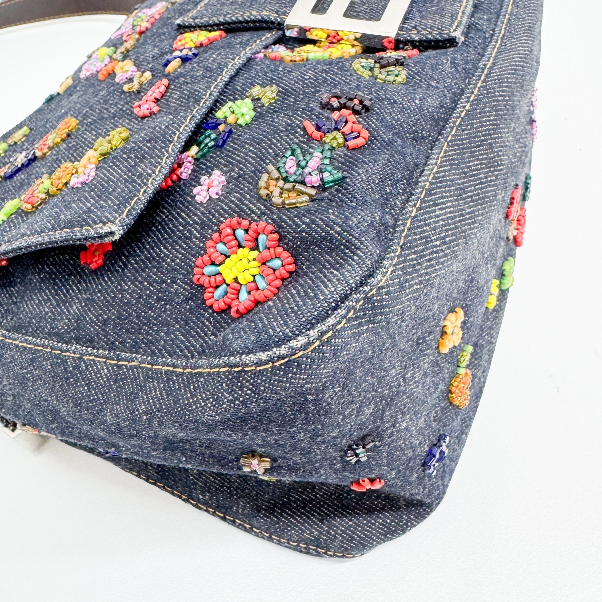 Mamma Baguette Embroidery Blue Denim Shoulder Bag