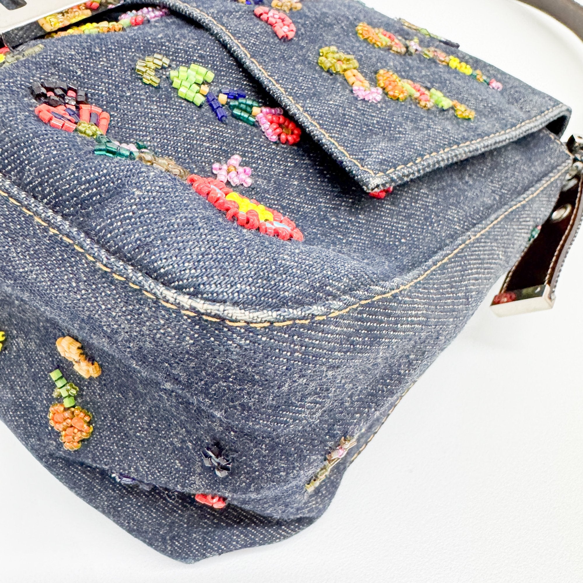 Mamma Baguette Embroidery Blue Denim Shoulder Bag