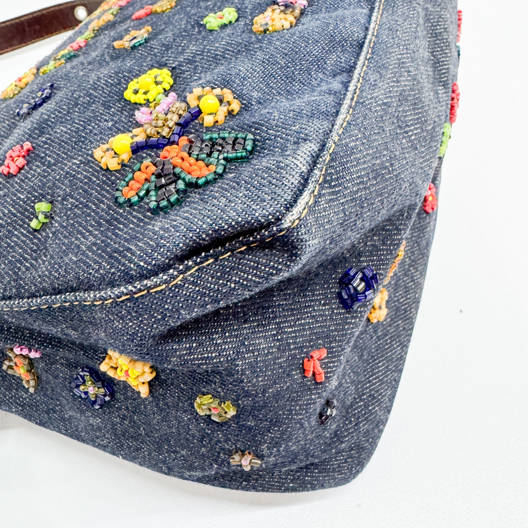 Mamma Baguette Embroidery Blue Denim Shoulder Bag