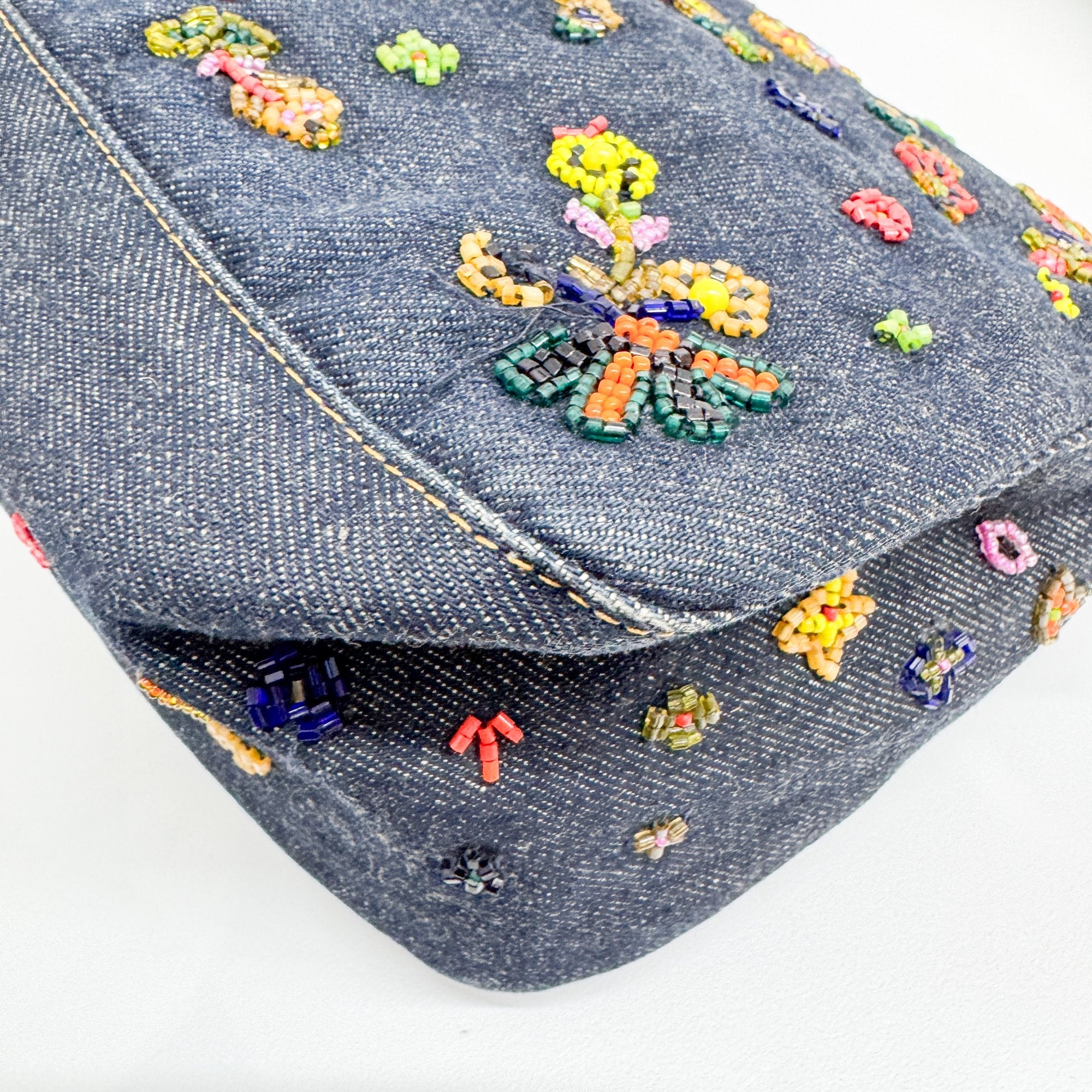 Mamma Baguette Embroidery Blue Denim Shoulder Bag