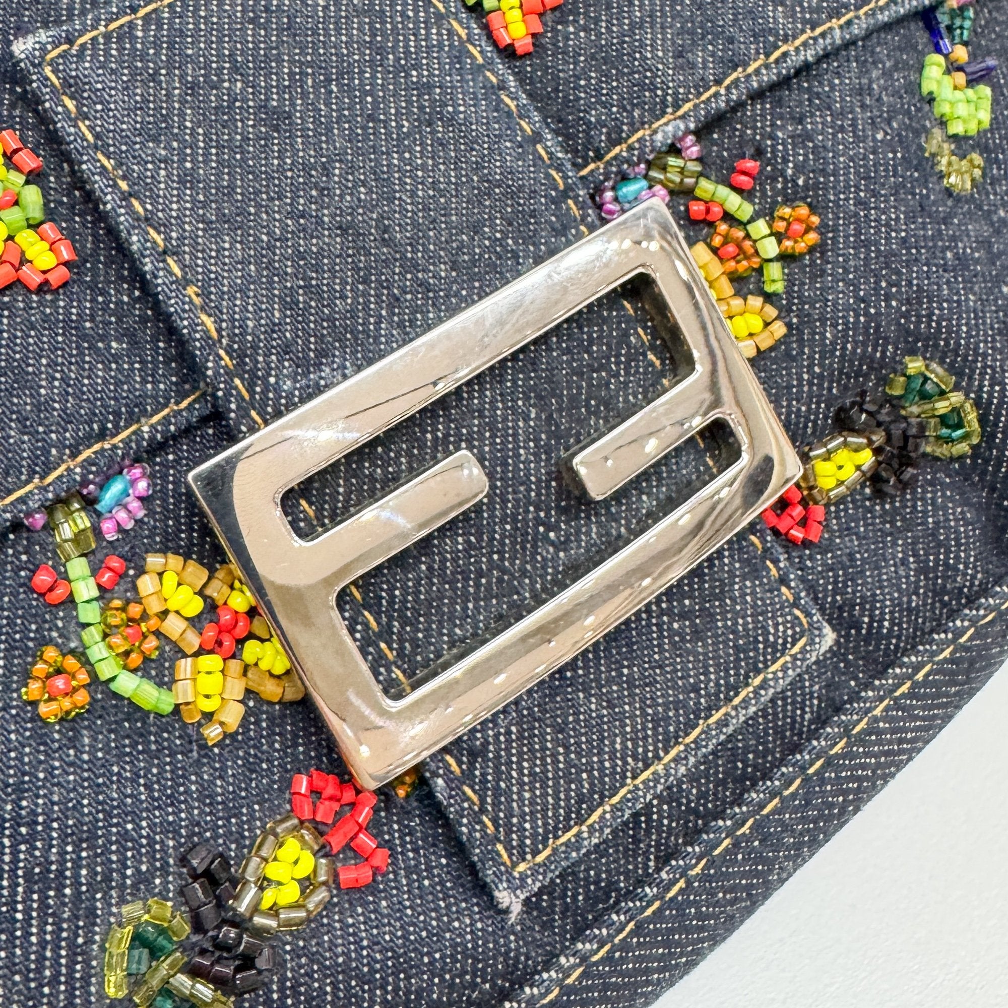 Mamma Baguette Embroidery Blue Denim Shoulder Bag