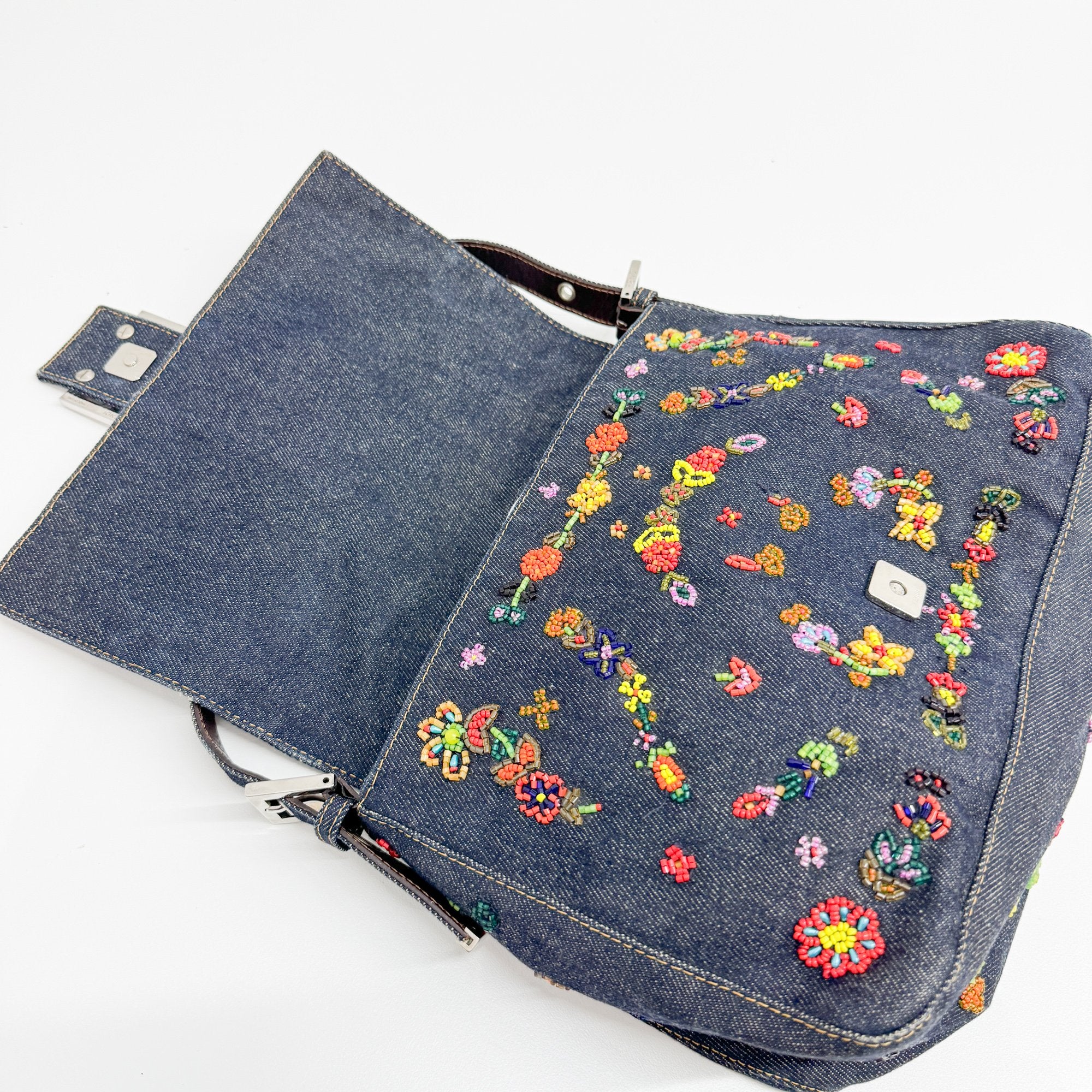Mamma Baguette Embroidery Blue Denim Shoulder Bag
