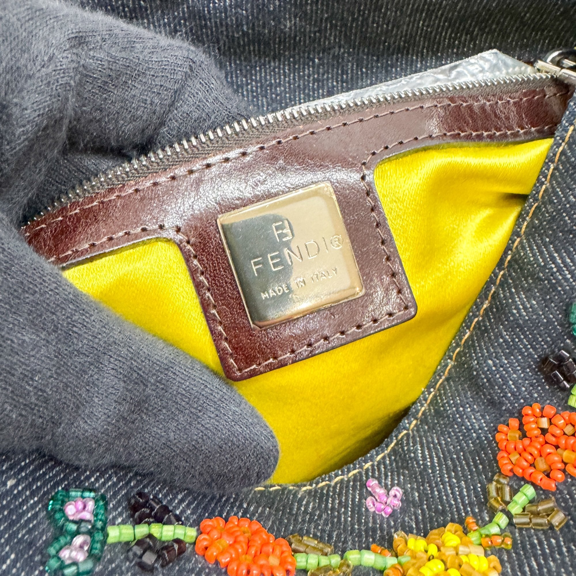 Mamma Baguette Embroidery Blue Denim Shoulder Bag