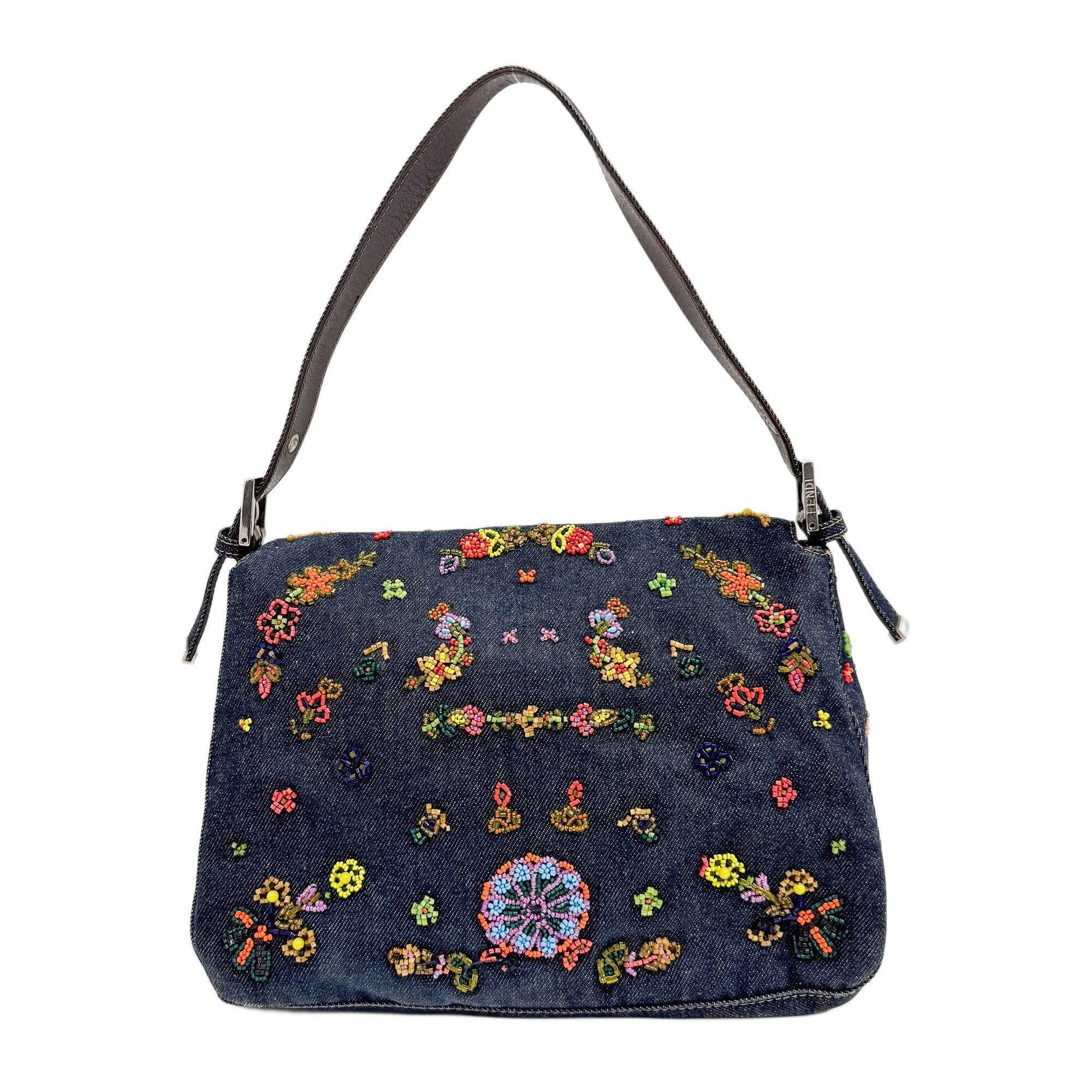 Mamma Baguette Embroidery Blue Denim Shoulder Bag