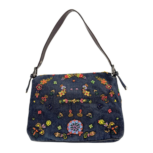 Mamma Baguette Embroidery Blue Denim Shoulder Bag