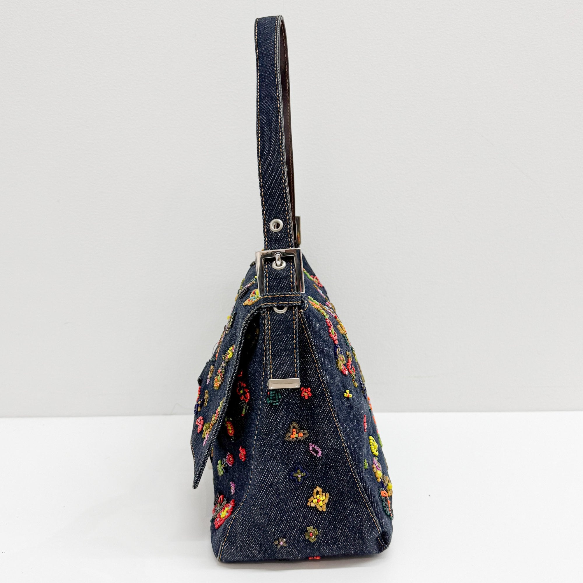 Mamma Baguette Embroidery Blue Denim Shoulder Bag