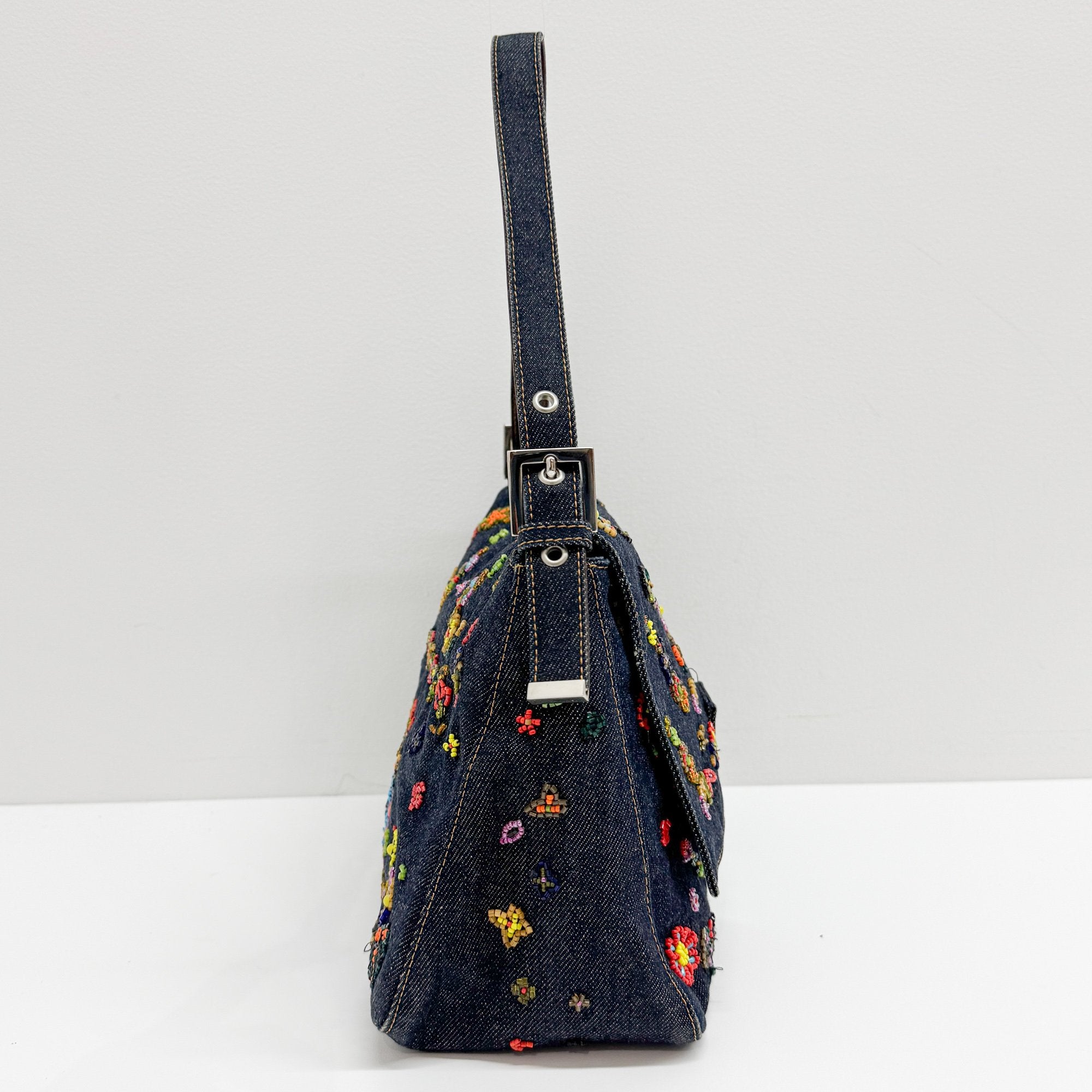 Mamma Baguette Embroidery Blue Denim Shoulder Bag