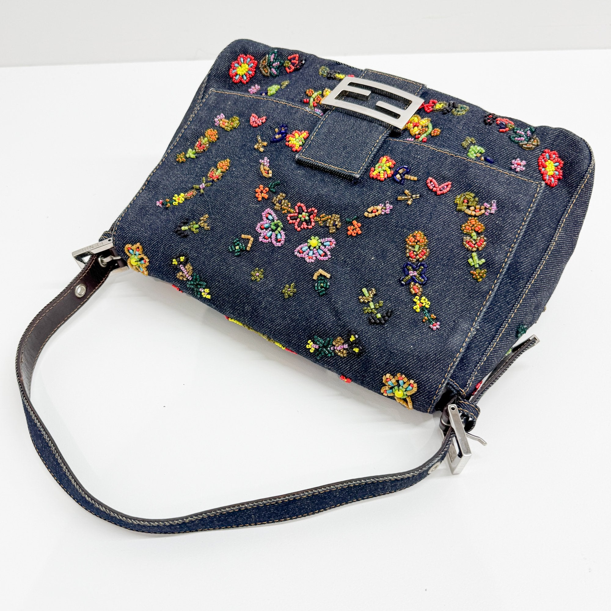 Mamma Baguette Embroidery Blue Denim Shoulder Bag