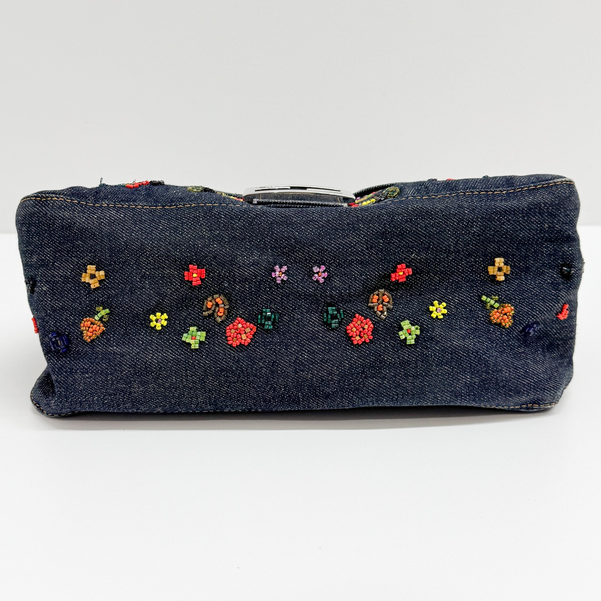 Mamma Baguette Embroidery Blue Denim Shoulder Bag