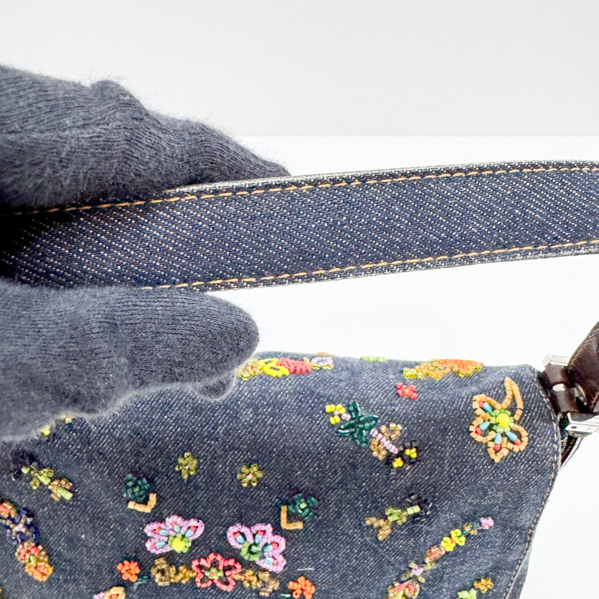 Mamma Baguette Embroidery Blue Denim Shoulder Bag