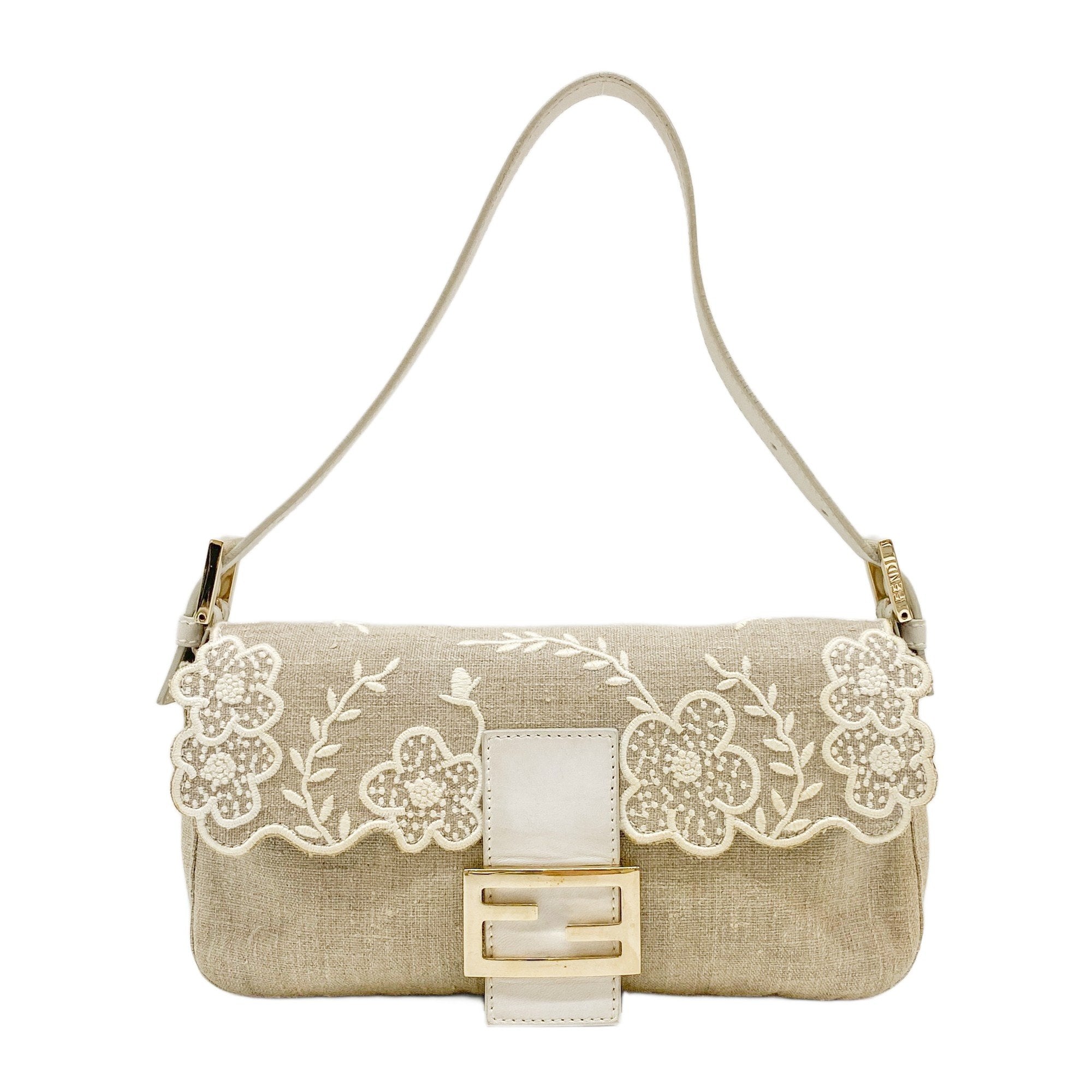 Baguette Embroidery Beige Cotton Shoulder Bag