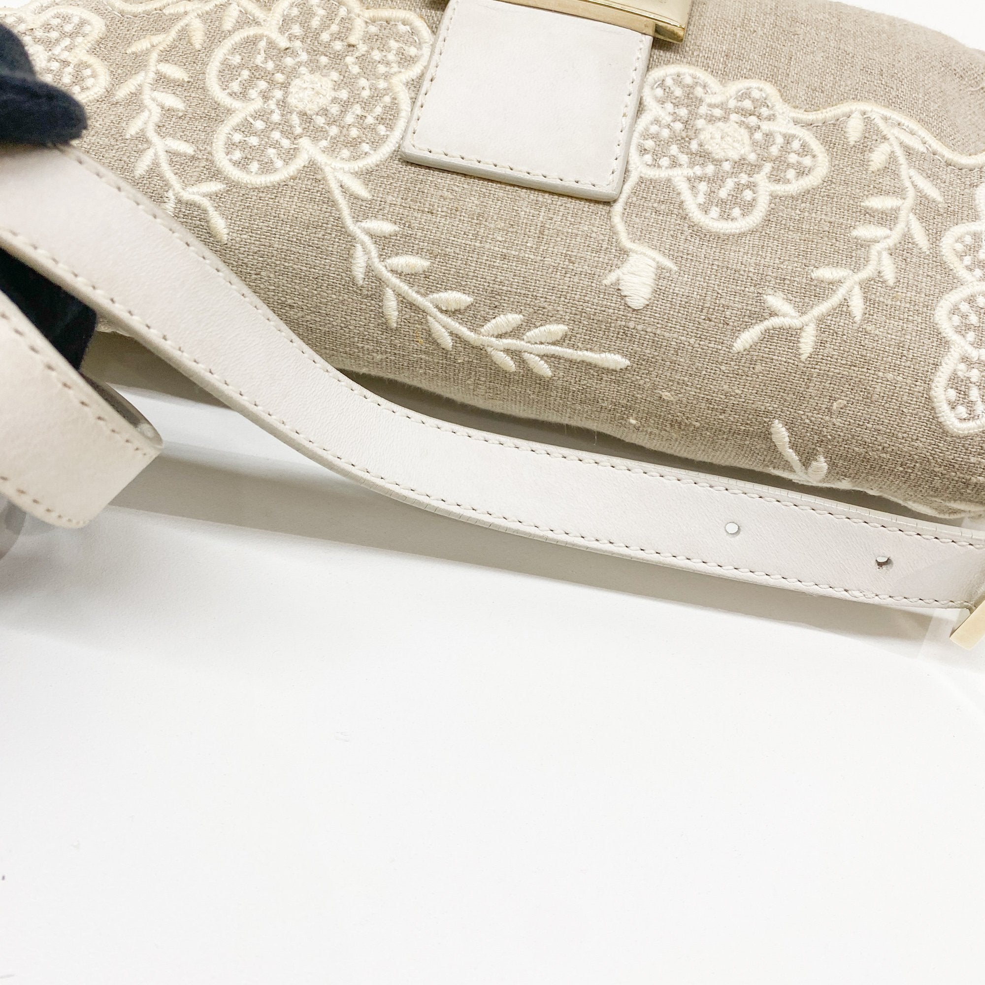 Baguette Embroidery Beige Cotton Shoulder Bag
