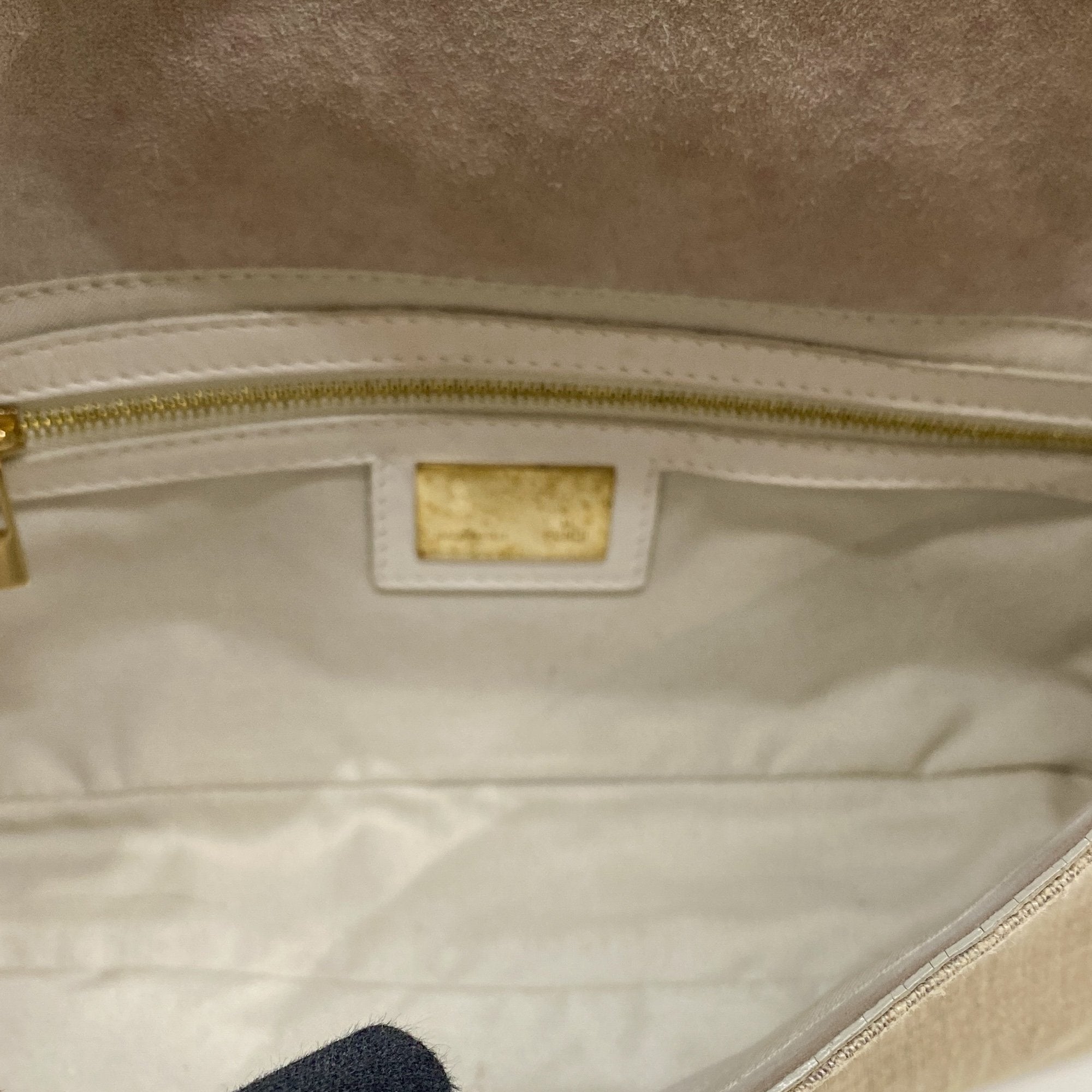 Baguette Embroidery Beige Cotton Shoulder Bag