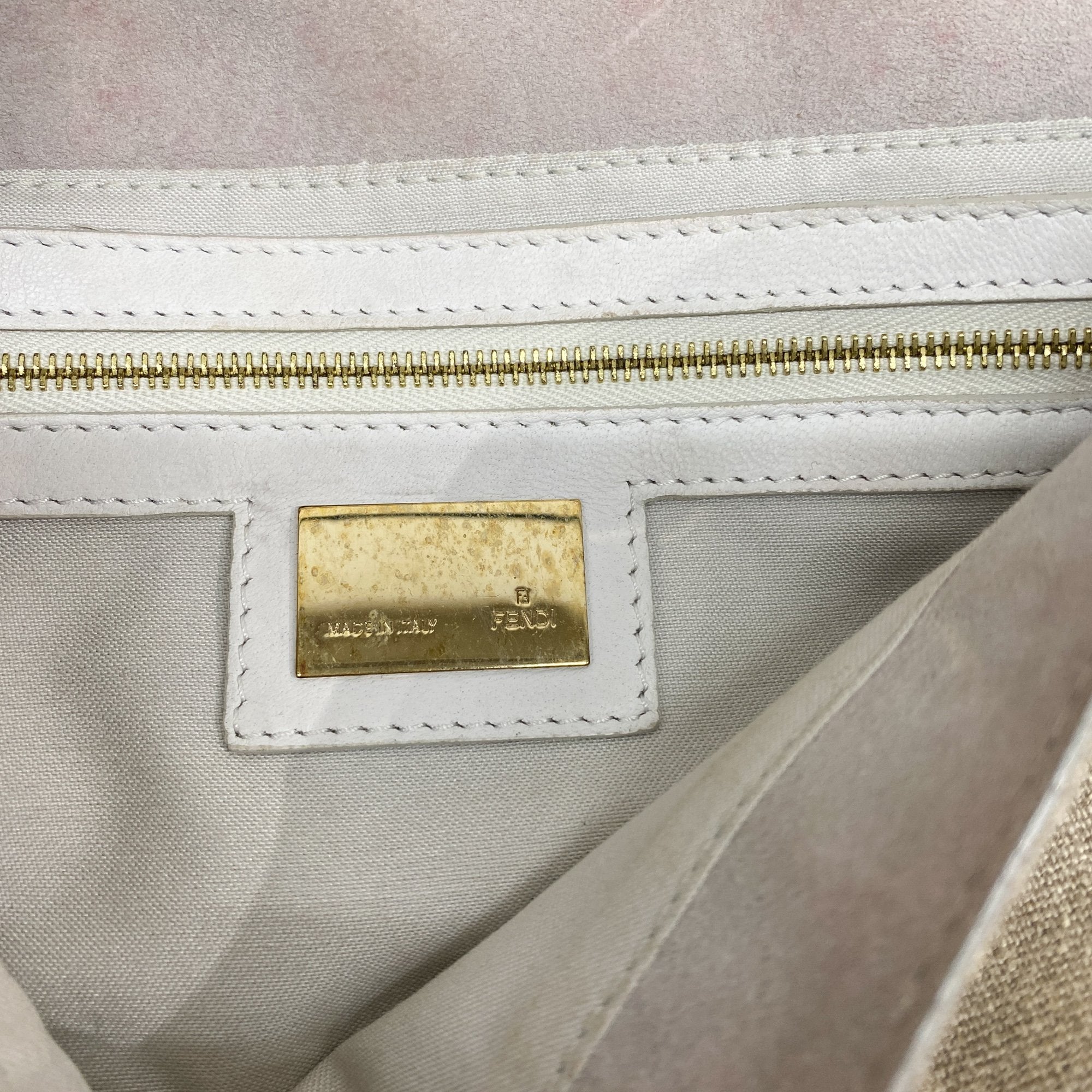 Baguette Embroidery Beige Cotton Shoulder Bag