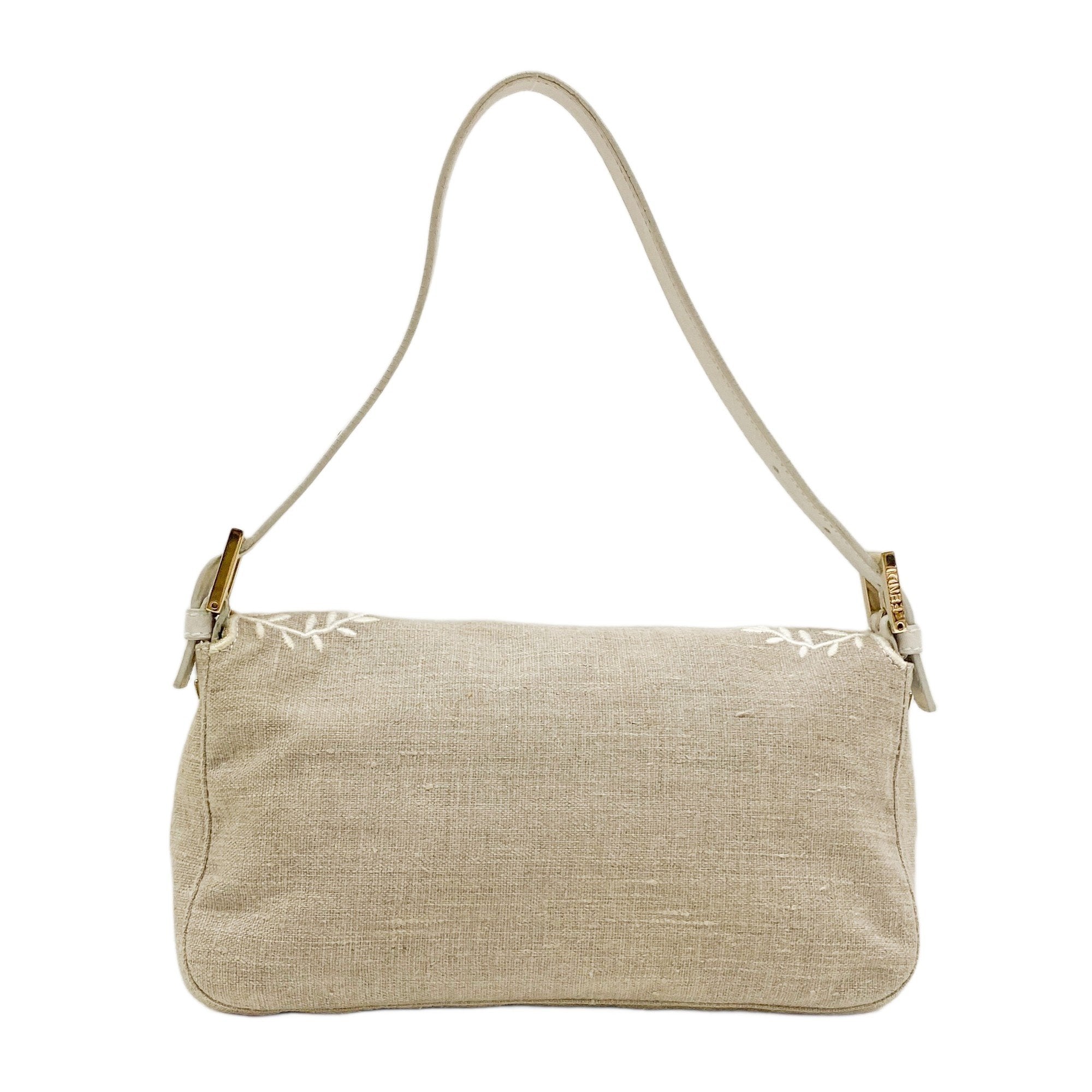 Baguette Embroidery Beige Cotton Shoulder Bag