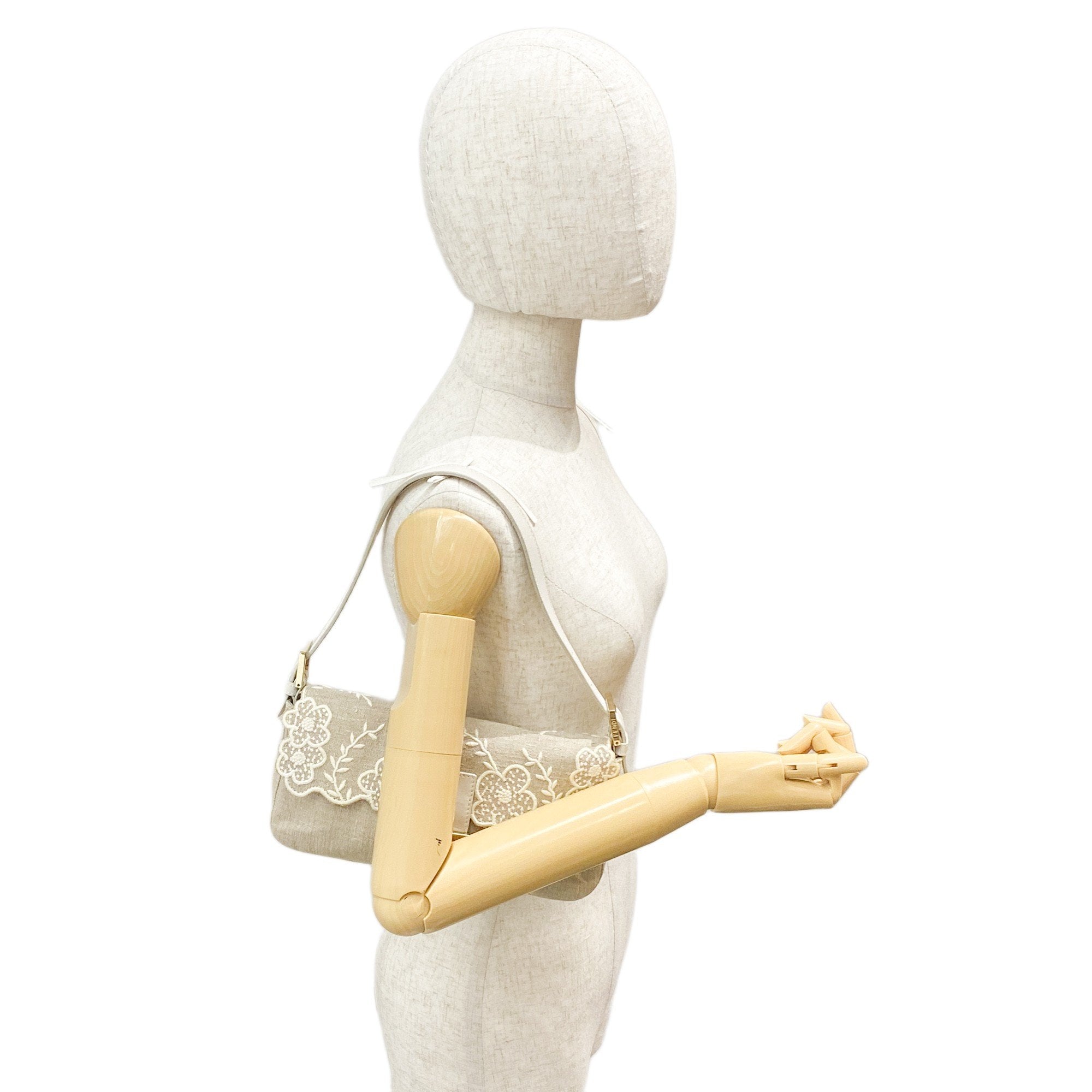 Baguette Embroidery Beige Cotton Shoulder Bag