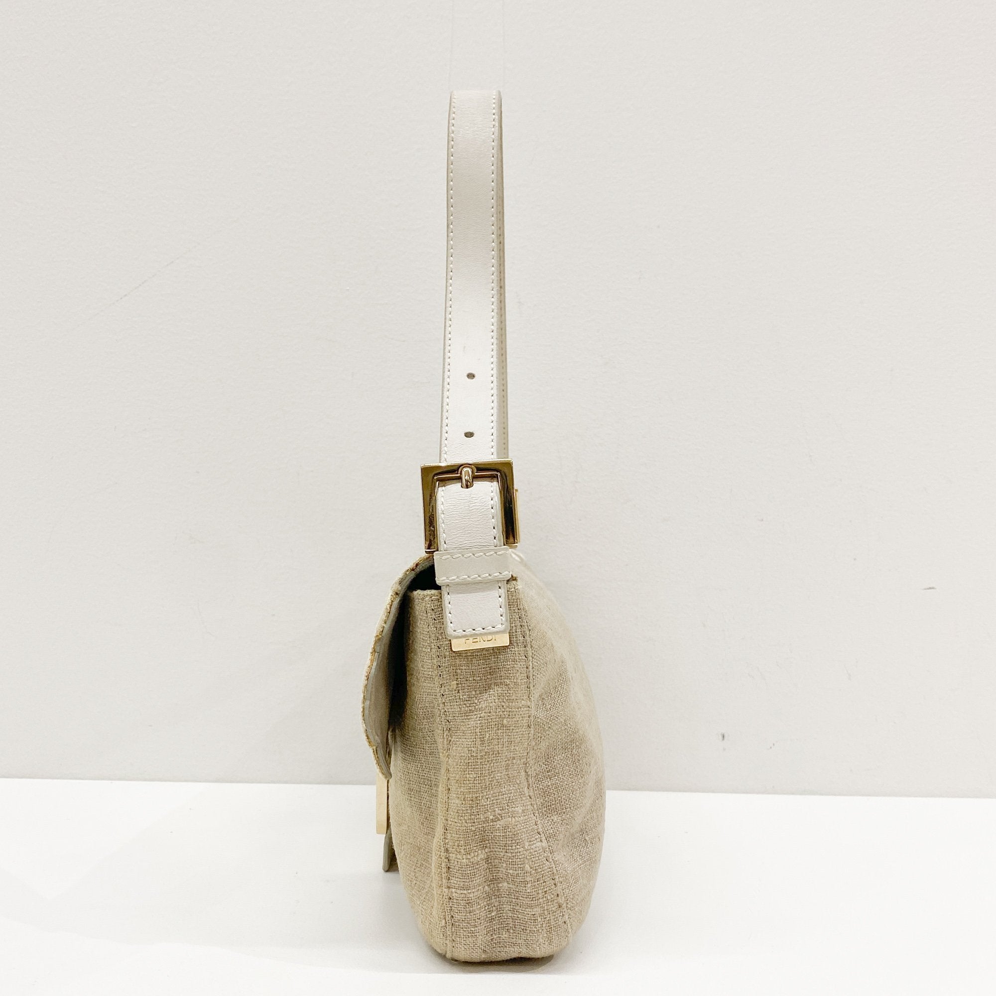 Baguette Embroidery Beige Cotton Shoulder Bag