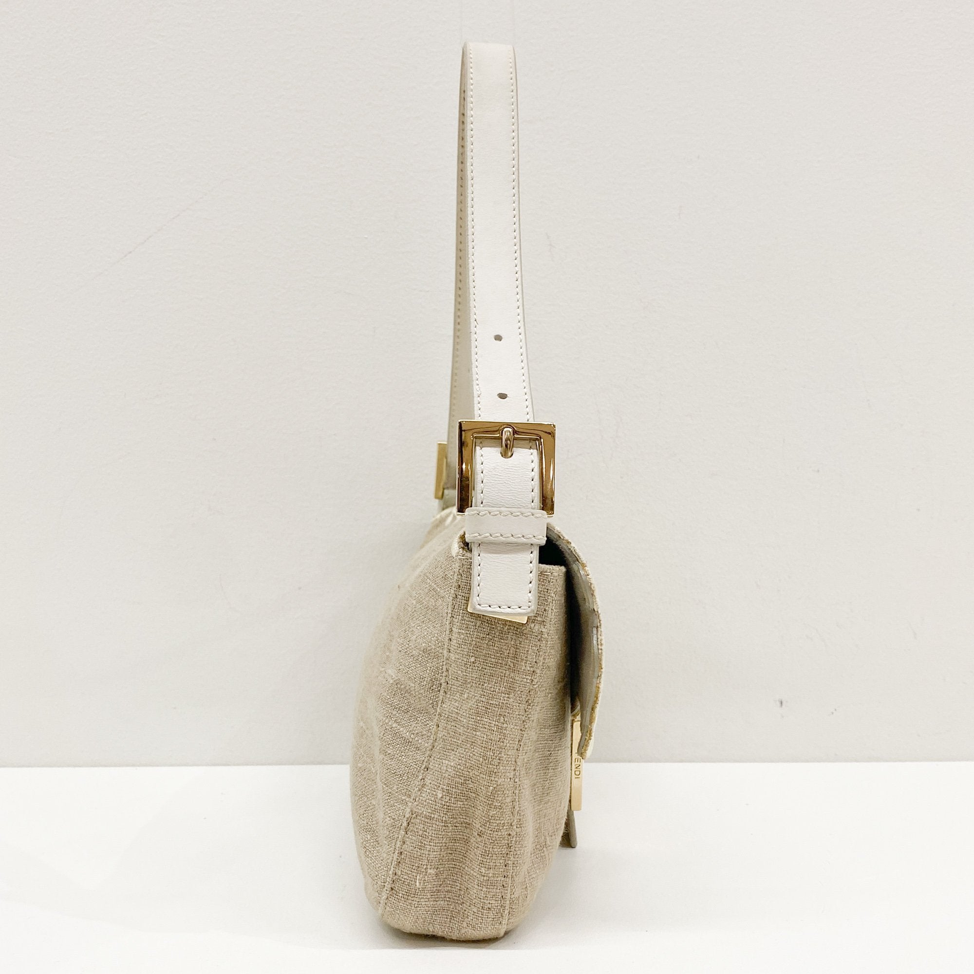 Baguette Embroidery Beige Cotton Shoulder Bag