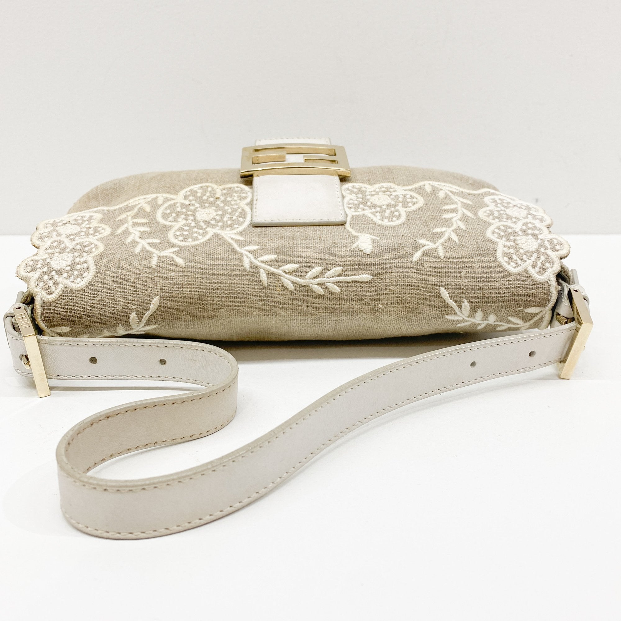 Baguette Embroidery Beige Cotton Shoulder Bag